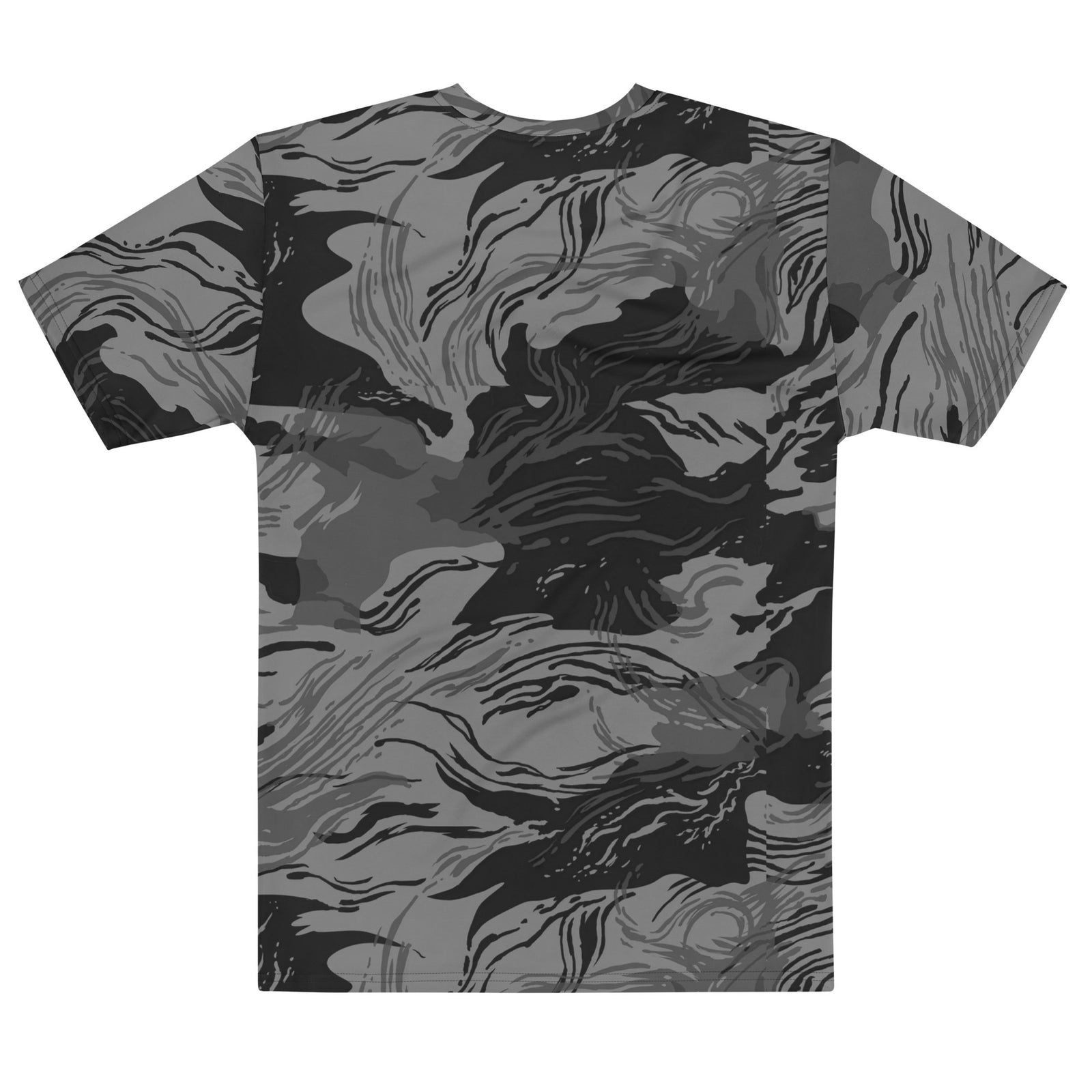 Black and gray camouflage t-shirt on a white background
