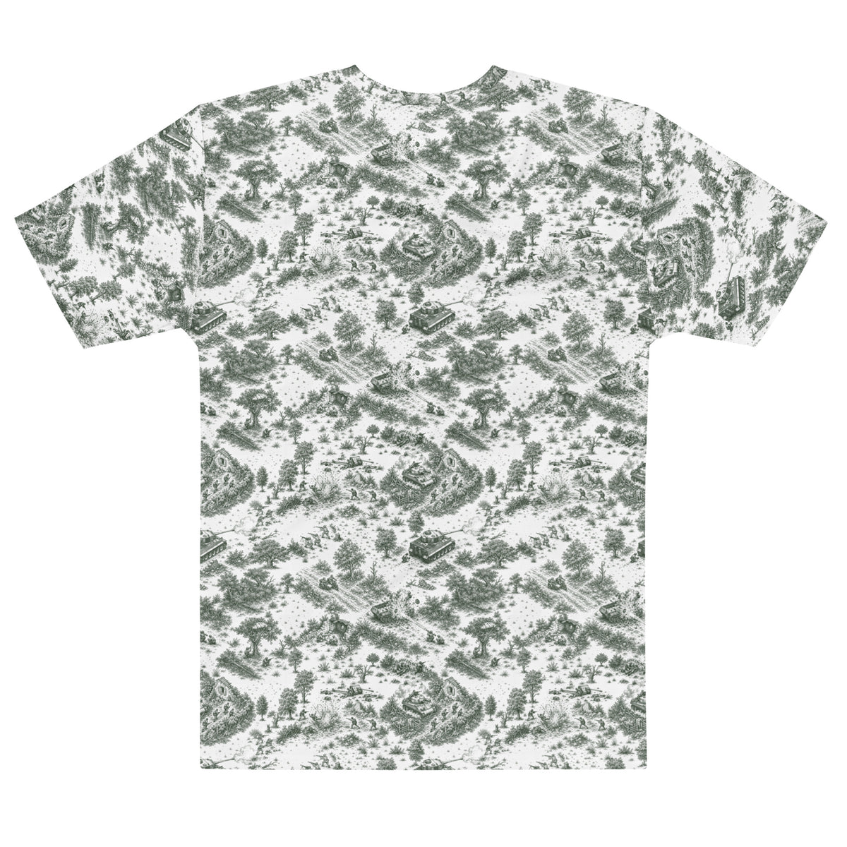 A short-sleeve crewneck t-shirt featuring an all-over green toile de Jouy pattern on a white background, shown flat against a solid white backdrop.