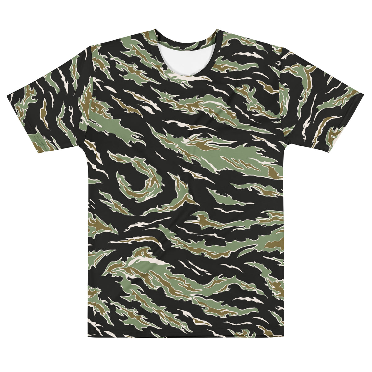 T-shirt with a tiger stripe pattern on a white background