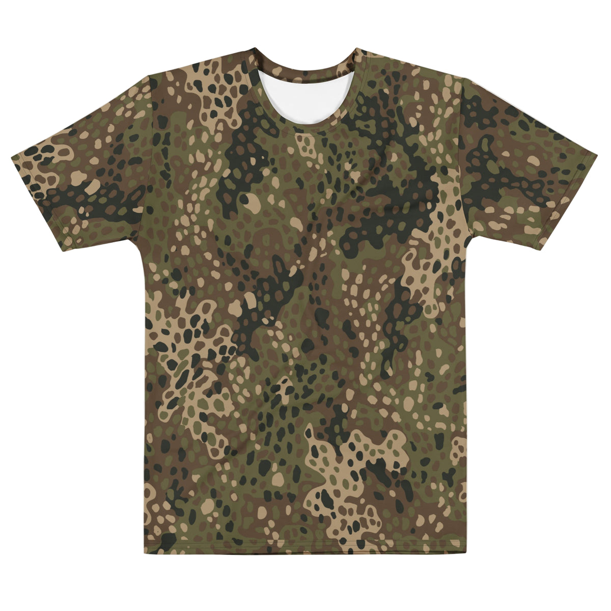 Erbsenmuster Camouflage-patterned t-shirt on a white background by Liberty Maniacs