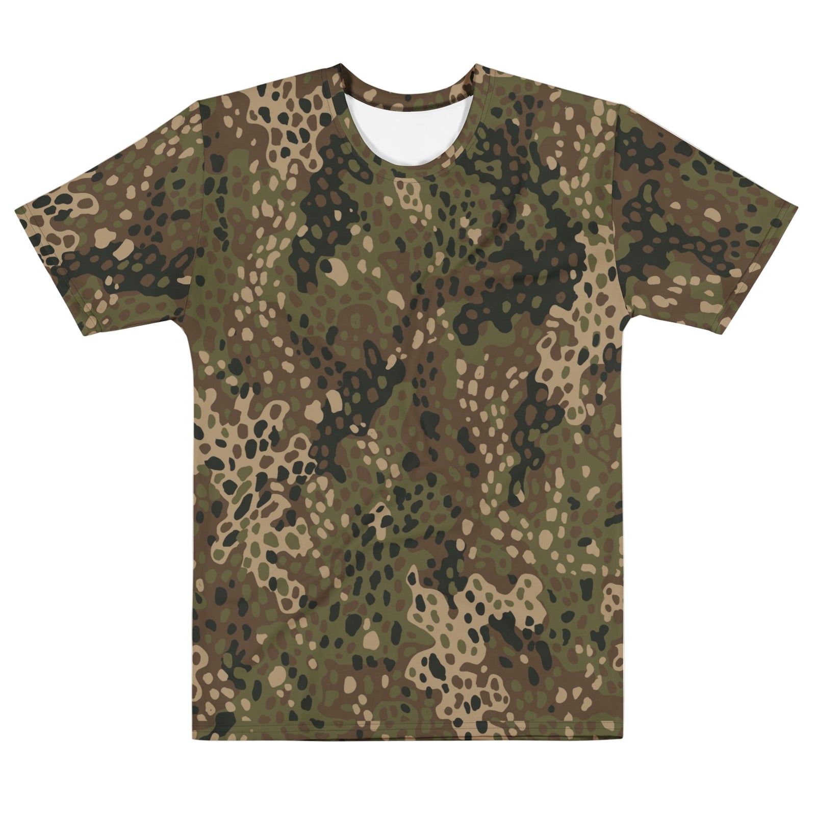 Erbsenmuster Camouflage-patterned t-shirt on a white background by Liberty Maniacs