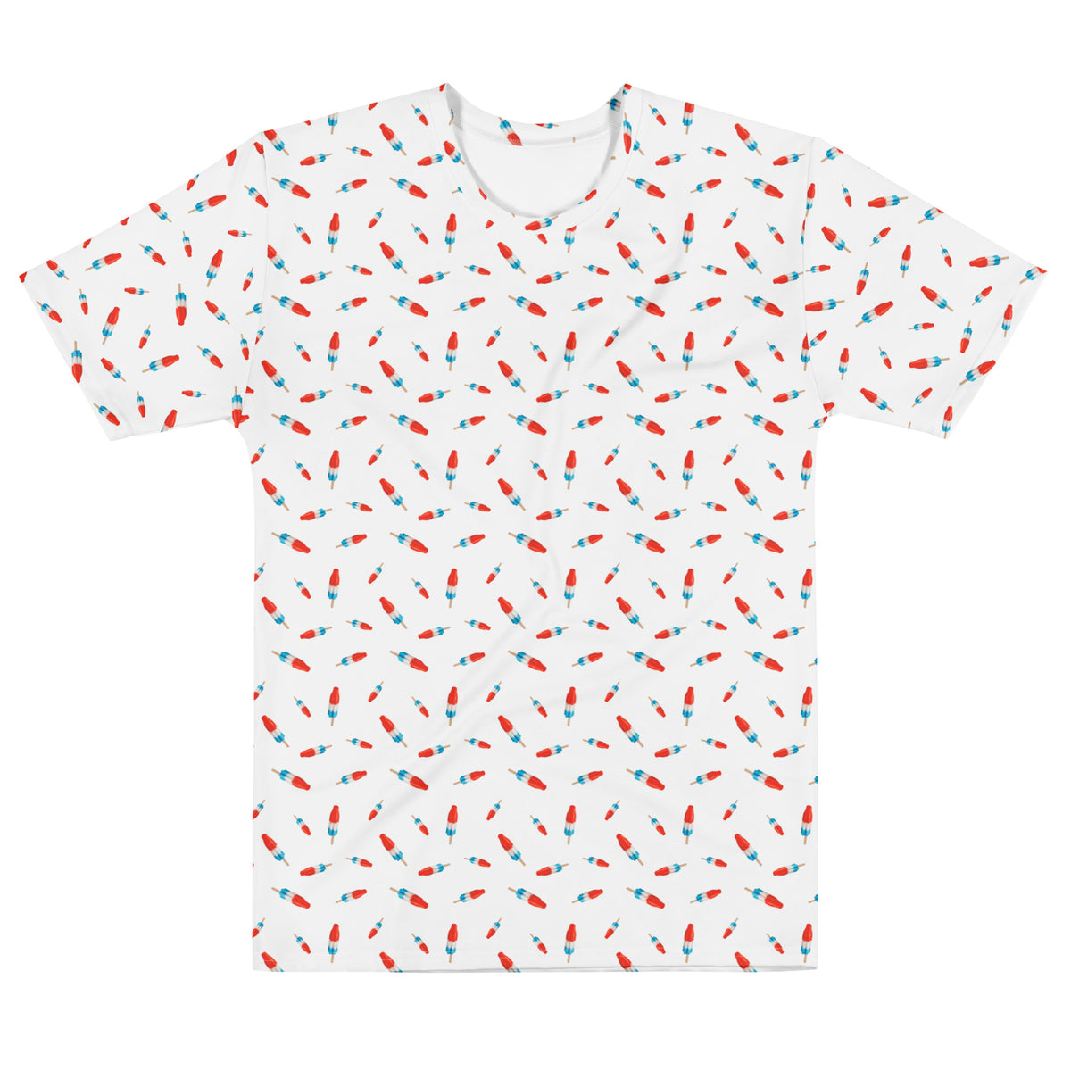 White t-shirt with red and blue bomb pop pattern on a white background