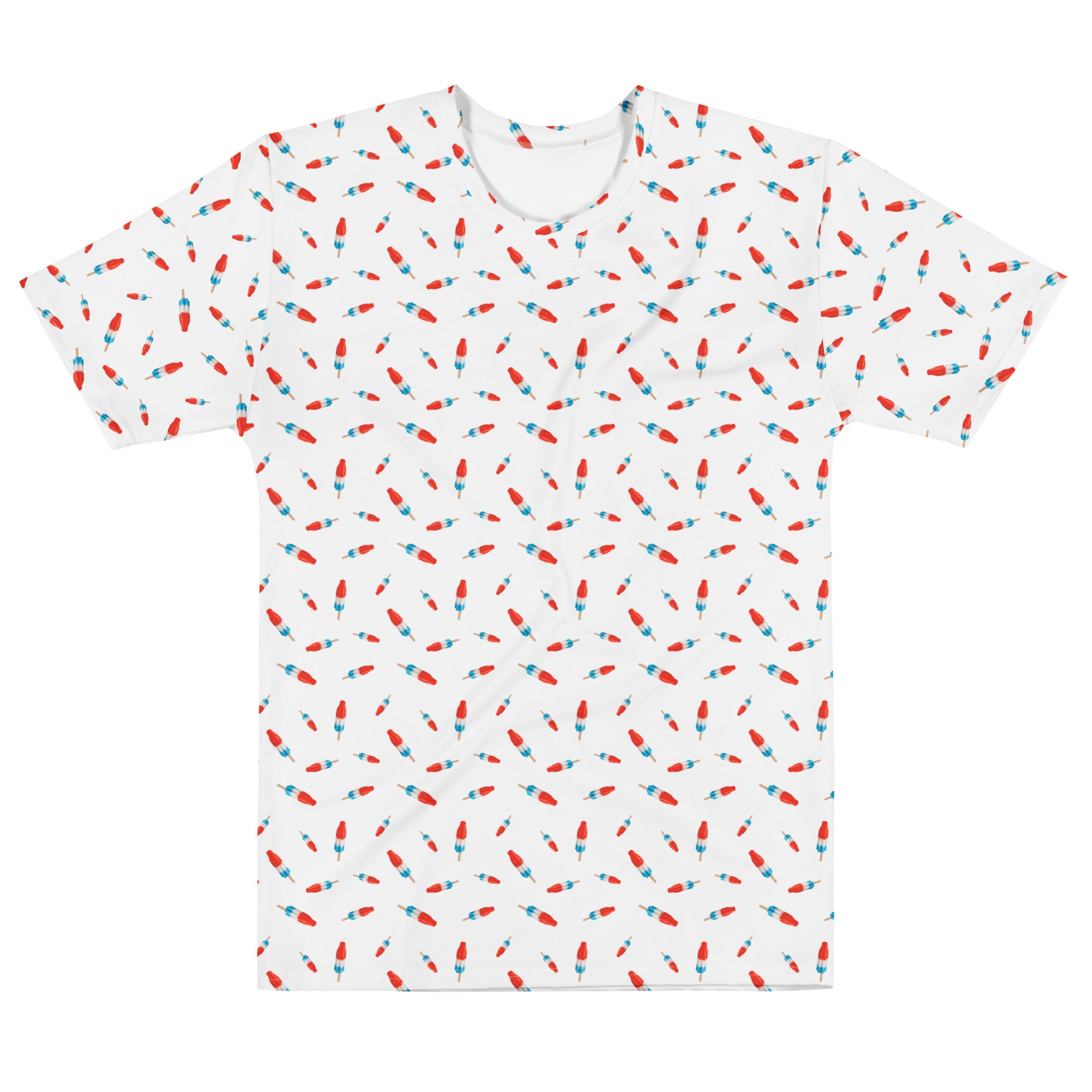 Man wearing a white t-shirt with colorful pattern shirt of bomb pops from Liberty Maniacs on a white background