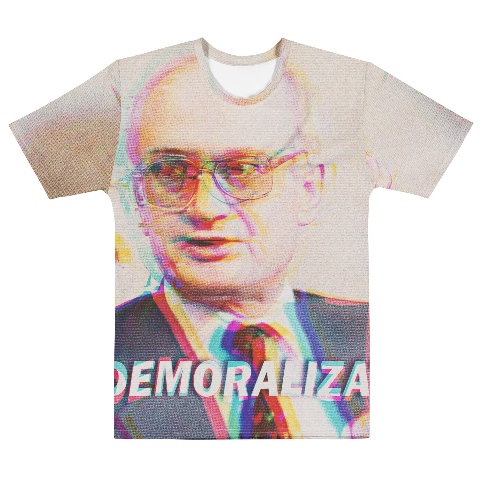 Man wearing Yuri Bezmenov The Fourth Stages of Ideological Subversion Men’s cotton T-Shirt