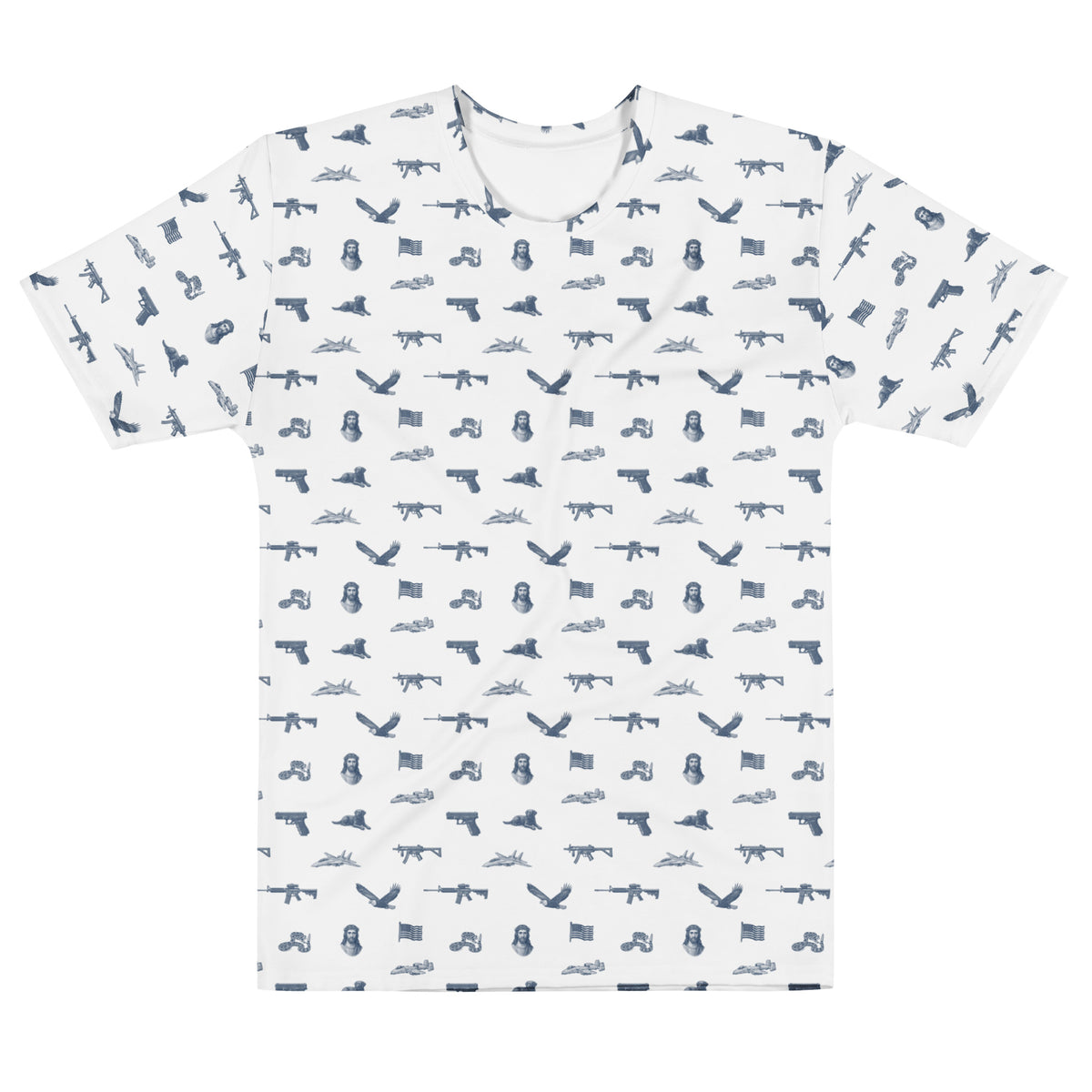 White t-shirt with blue gun and flag pattern on a white background
