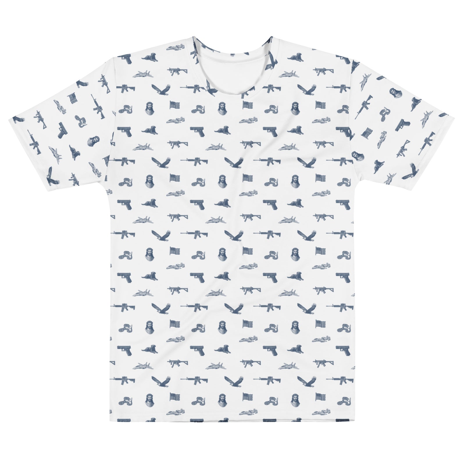 White t-shirt with blue gun and flag pattern on a white background
