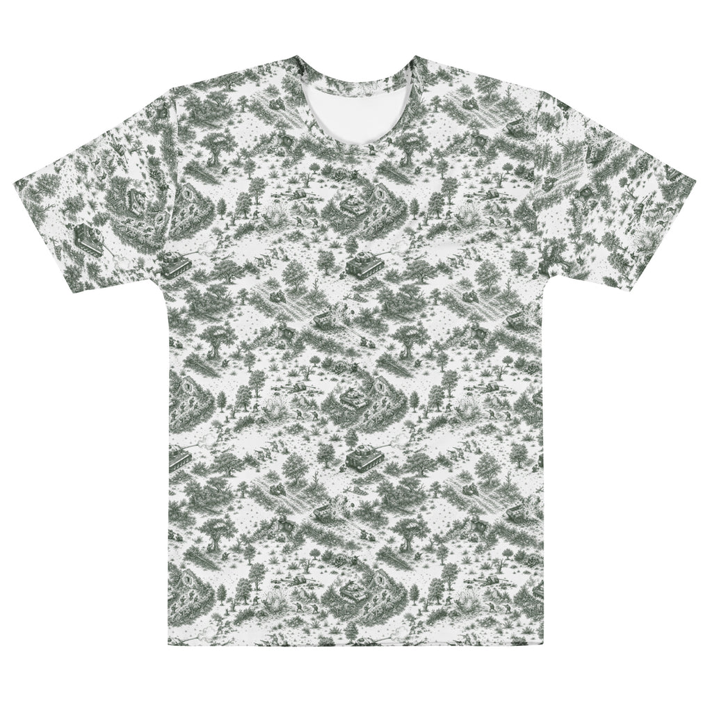 A short-sleeve crewneck t-shirt featuring an all-over toile-style print in muted sage green and white, displayed flat against a solid white background.