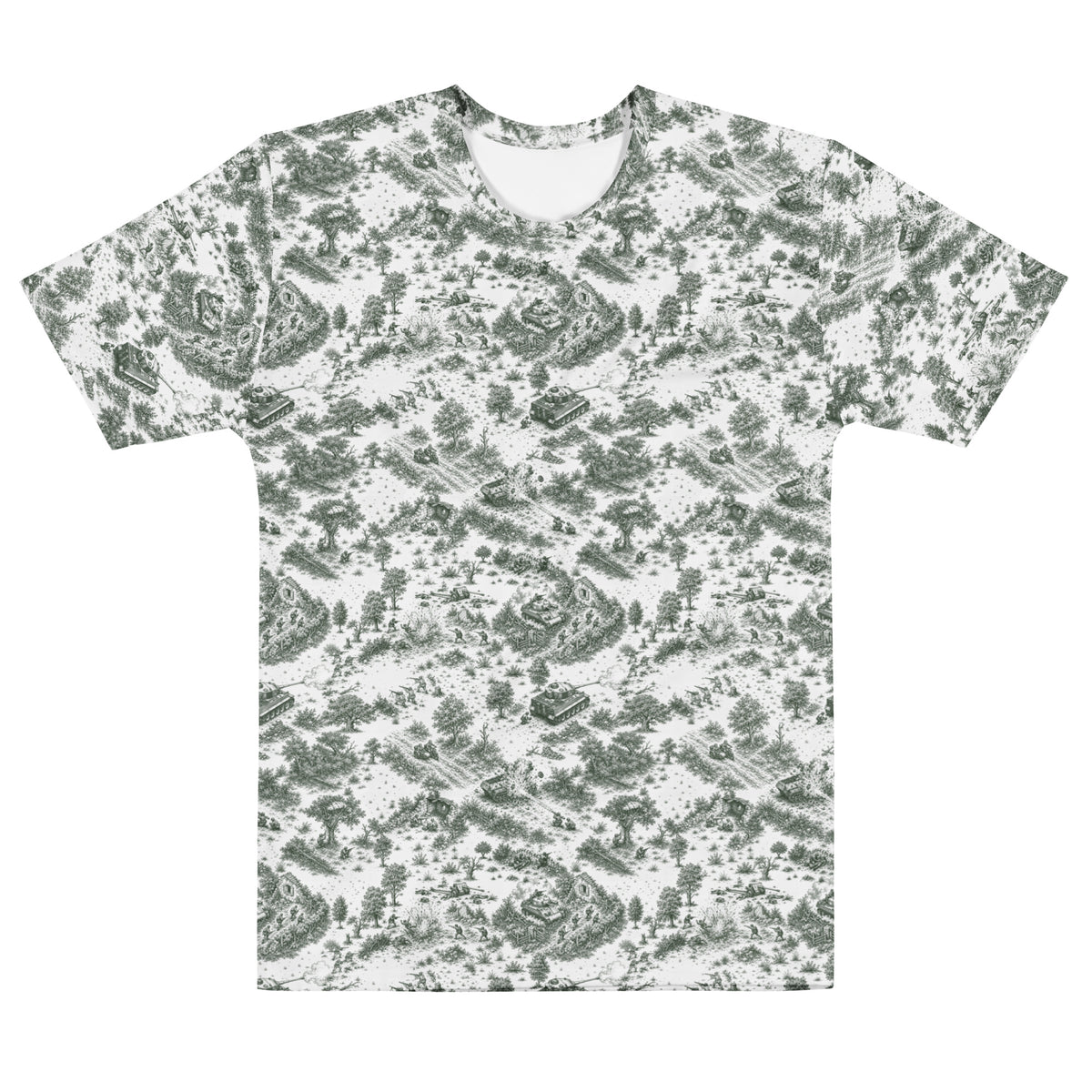A short-sleeve crewneck t-shirt featuring an all-over toile-style print in muted sage green and white, displayed flat against a solid white background.
