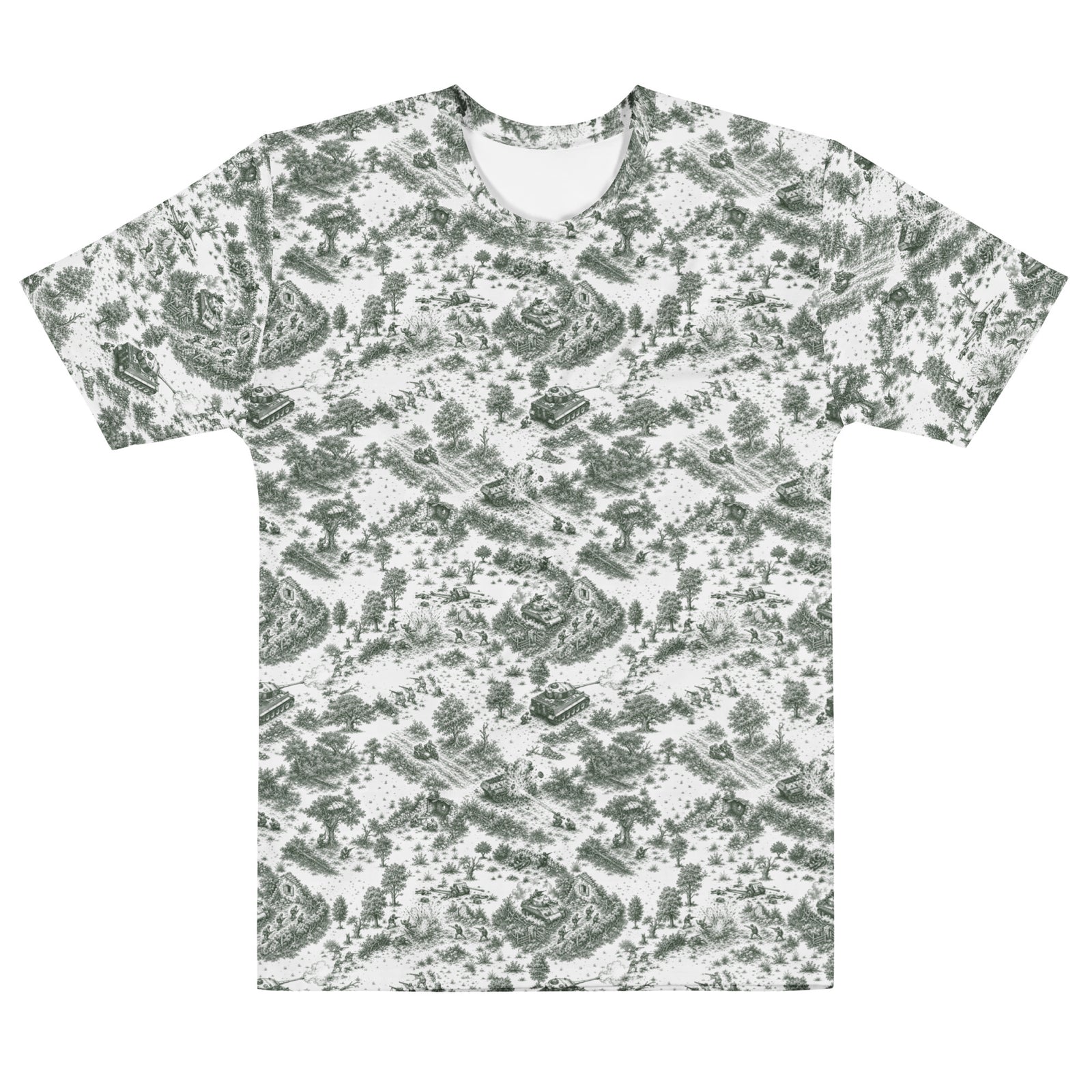 A short-sleeve crewneck t-shirt featuring an all-over toile-style print in muted sage green and white, displayed flat against a solid white background.