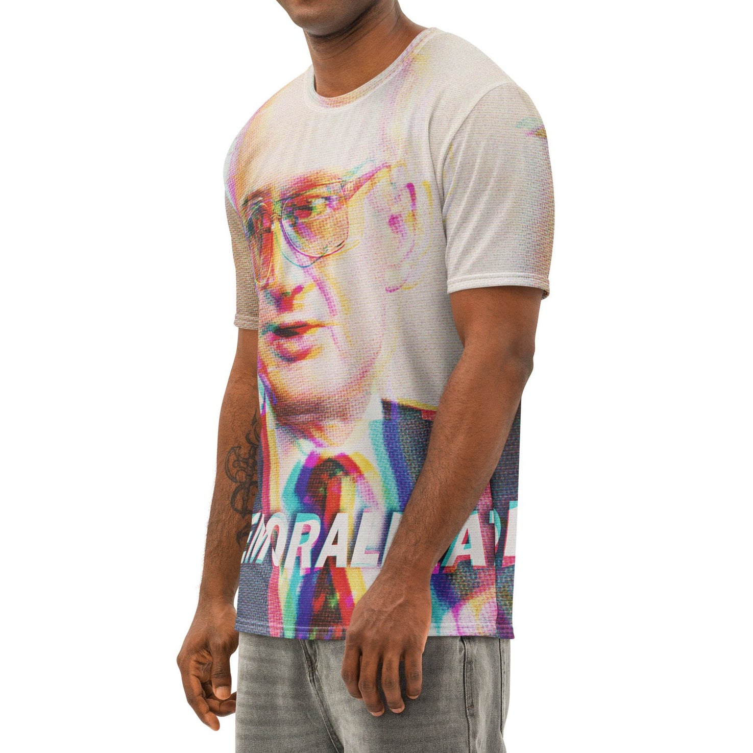 Man wearing a t-shirt with a colorful graphic design on a white background