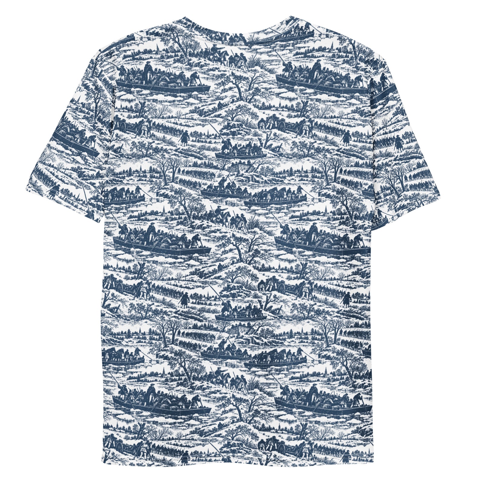 Back view showing the full Washington Crossing the Delaware toile pattern on the men’s T-shirt