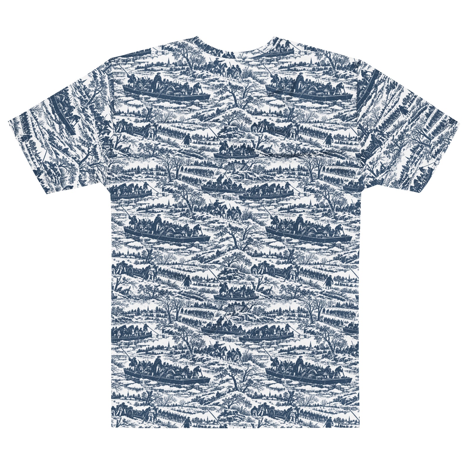 Angled back view of the blue-and-white Washington Crossing the Delaware pattern T-shirt