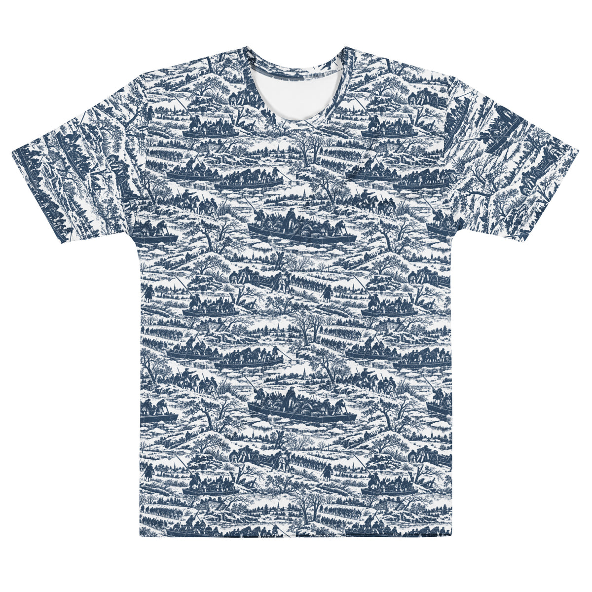 Front view of the Washington Crossing the Delaware blue-and-white historical pattern men’s T-shirt