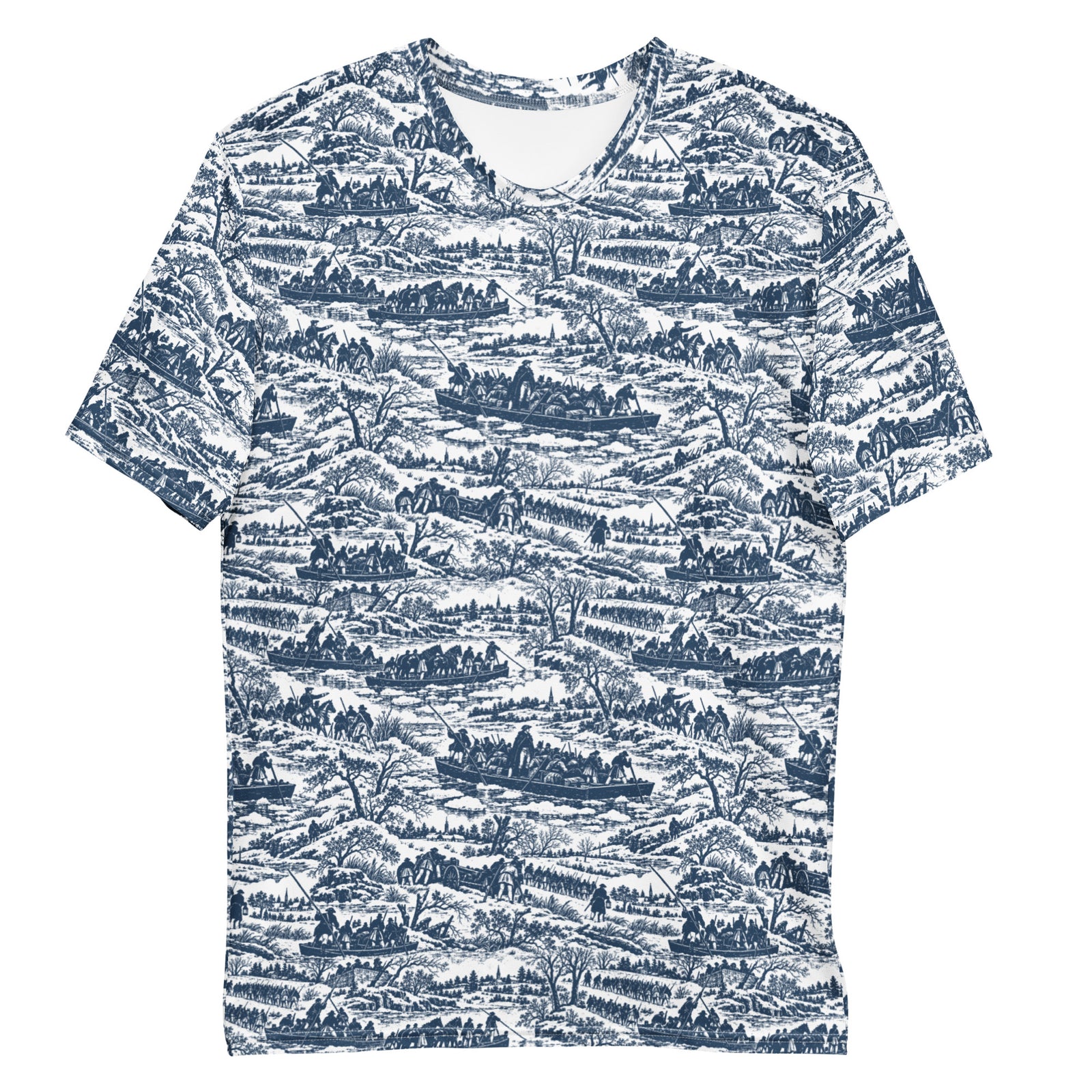 Angled front view of the Washington Crossing the Delaware historical toile T-shirt