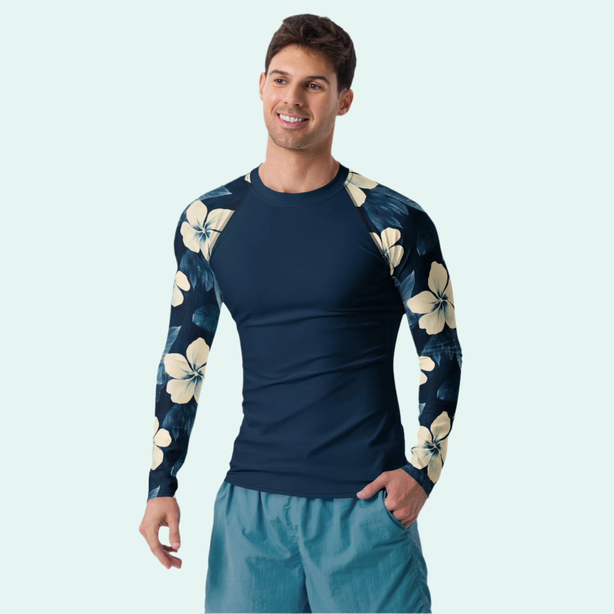 Big Kahuna Blues Hawaiian Print Men&#39;s Rash Guard
