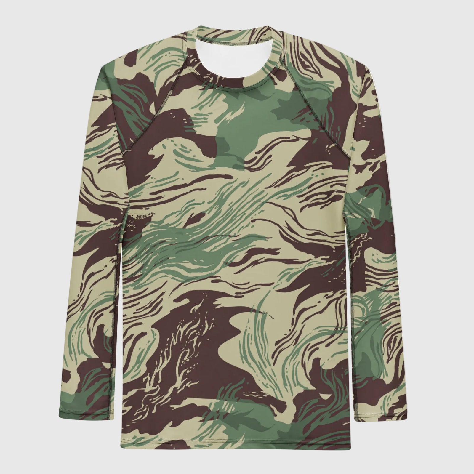 Person wearing a camouflage long-sleeve shirt on a white background