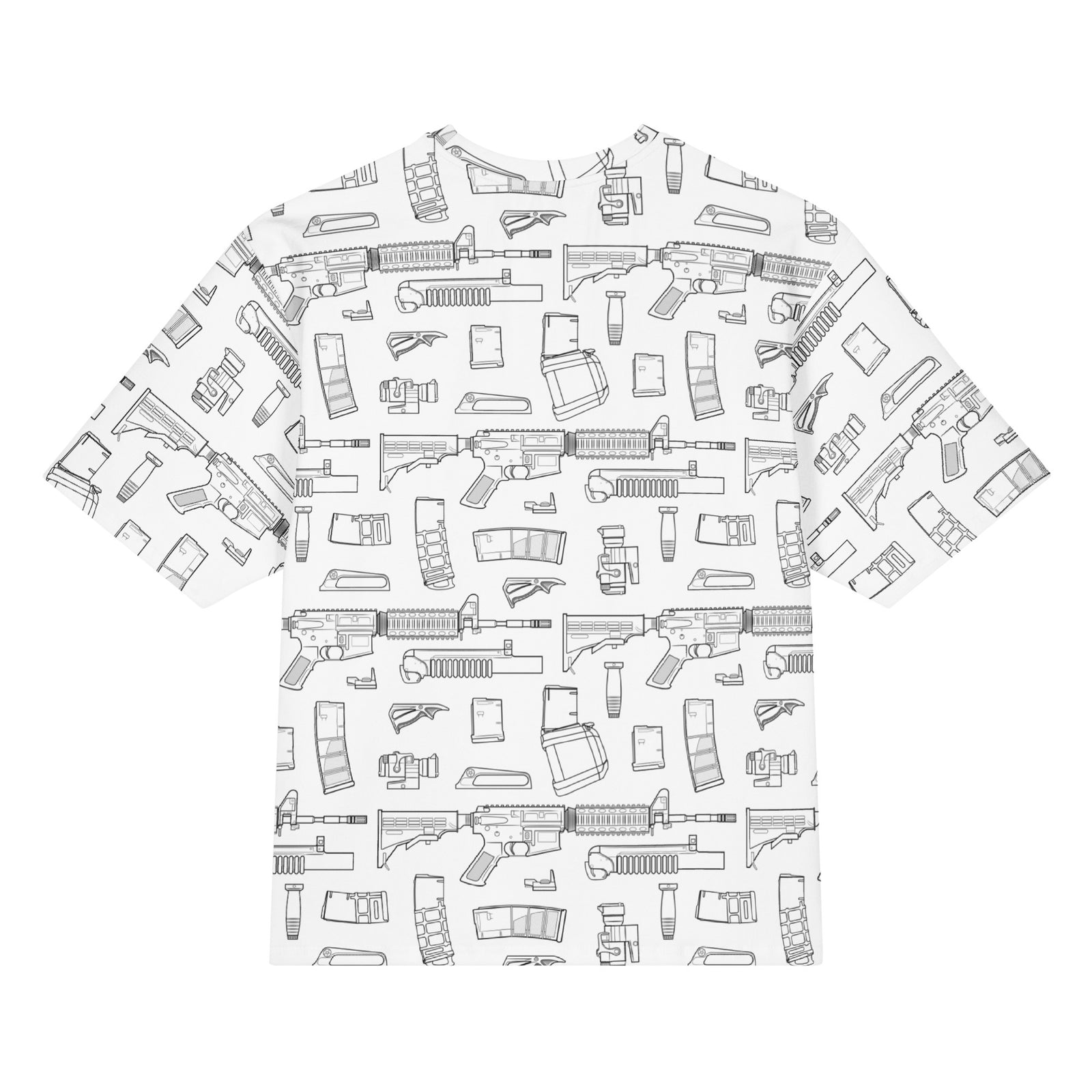 T-shirt with black line art pattern of rifles and magazines on a white background
