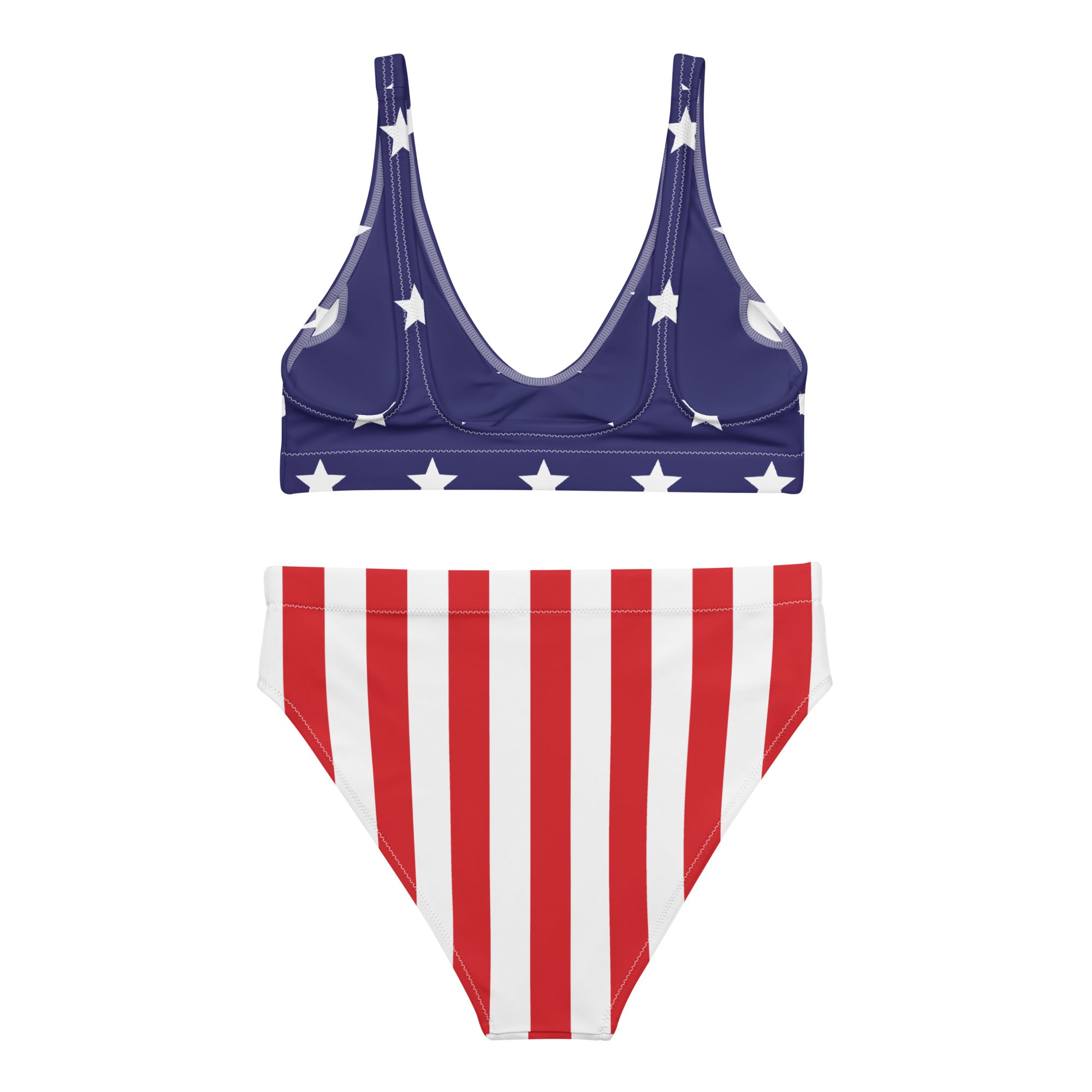Bikini set with American flag design on a white background