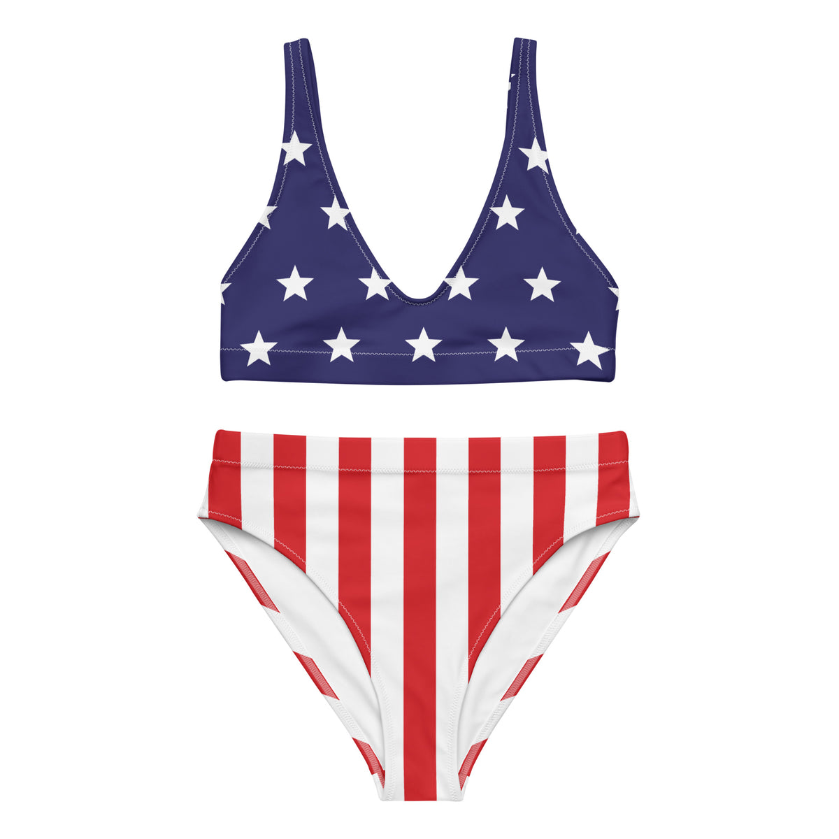 Bikini set with American flag design on a white background