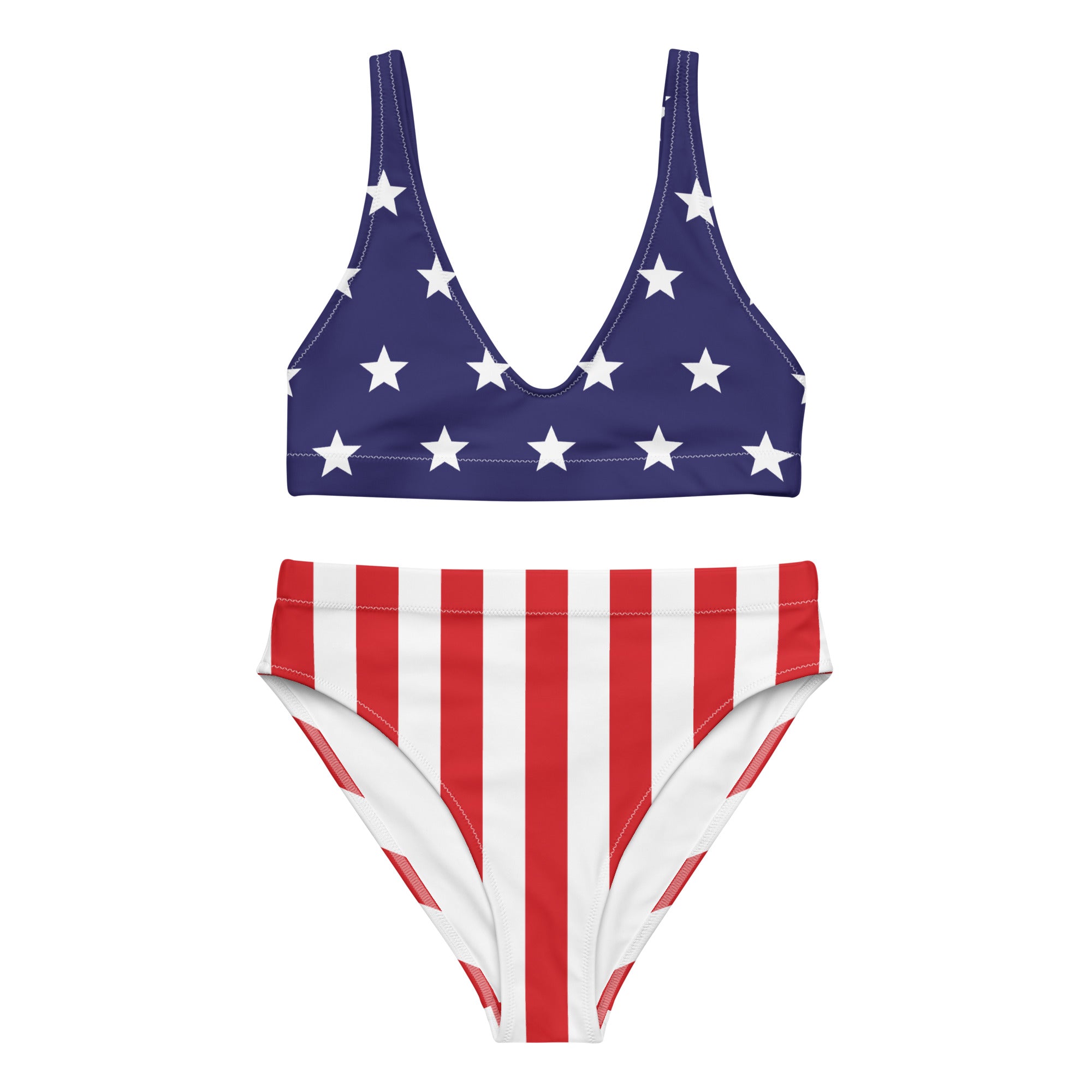 Woman wearing a bikini with American flag design on a gray background