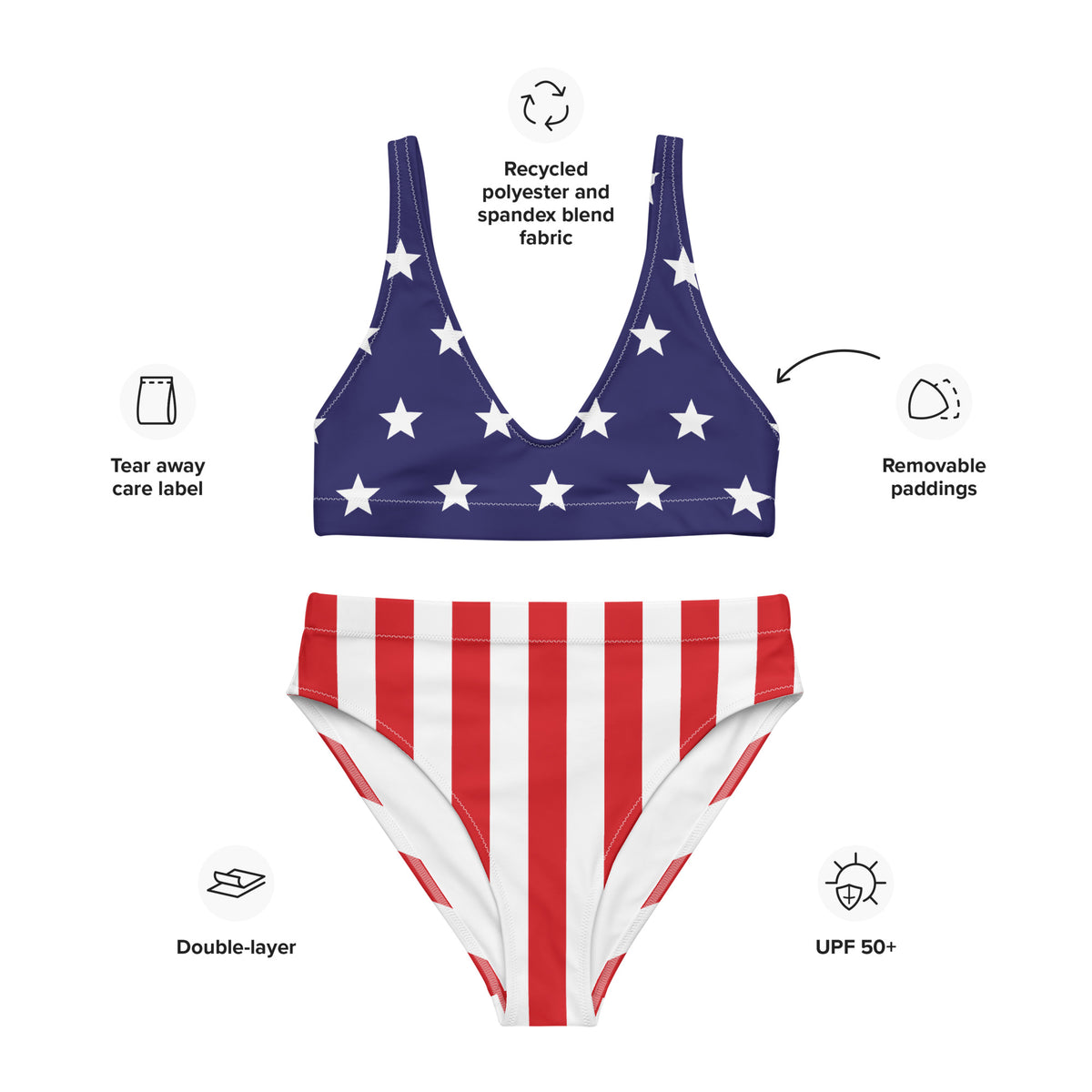 American flag bikini set with features highlighted on a white background