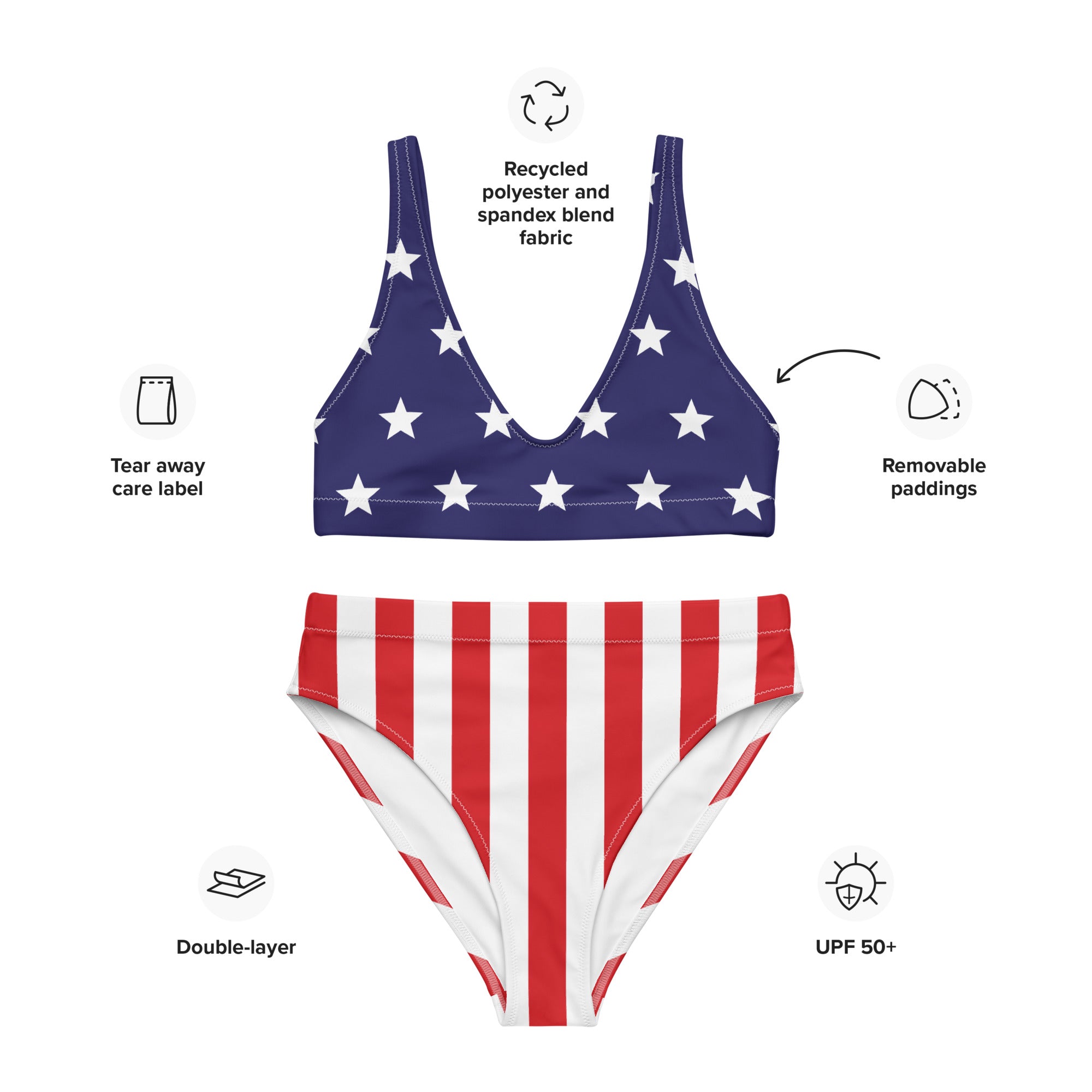 American flag bikini set with features highlighted on a white background