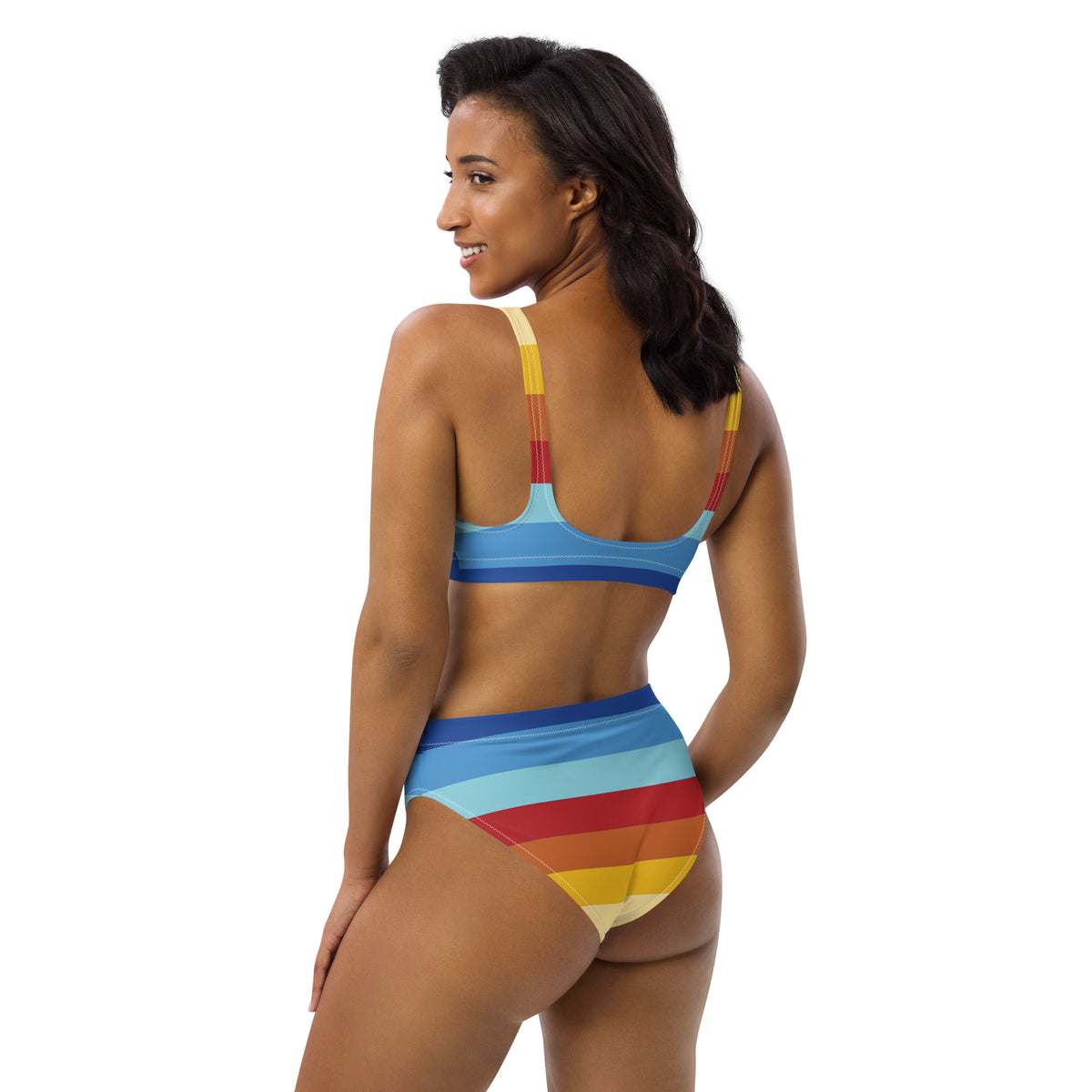 Rainbow Striped Bikini Set Cami Bra & High Waisted Bottom 2 Piece Bathing  Suit