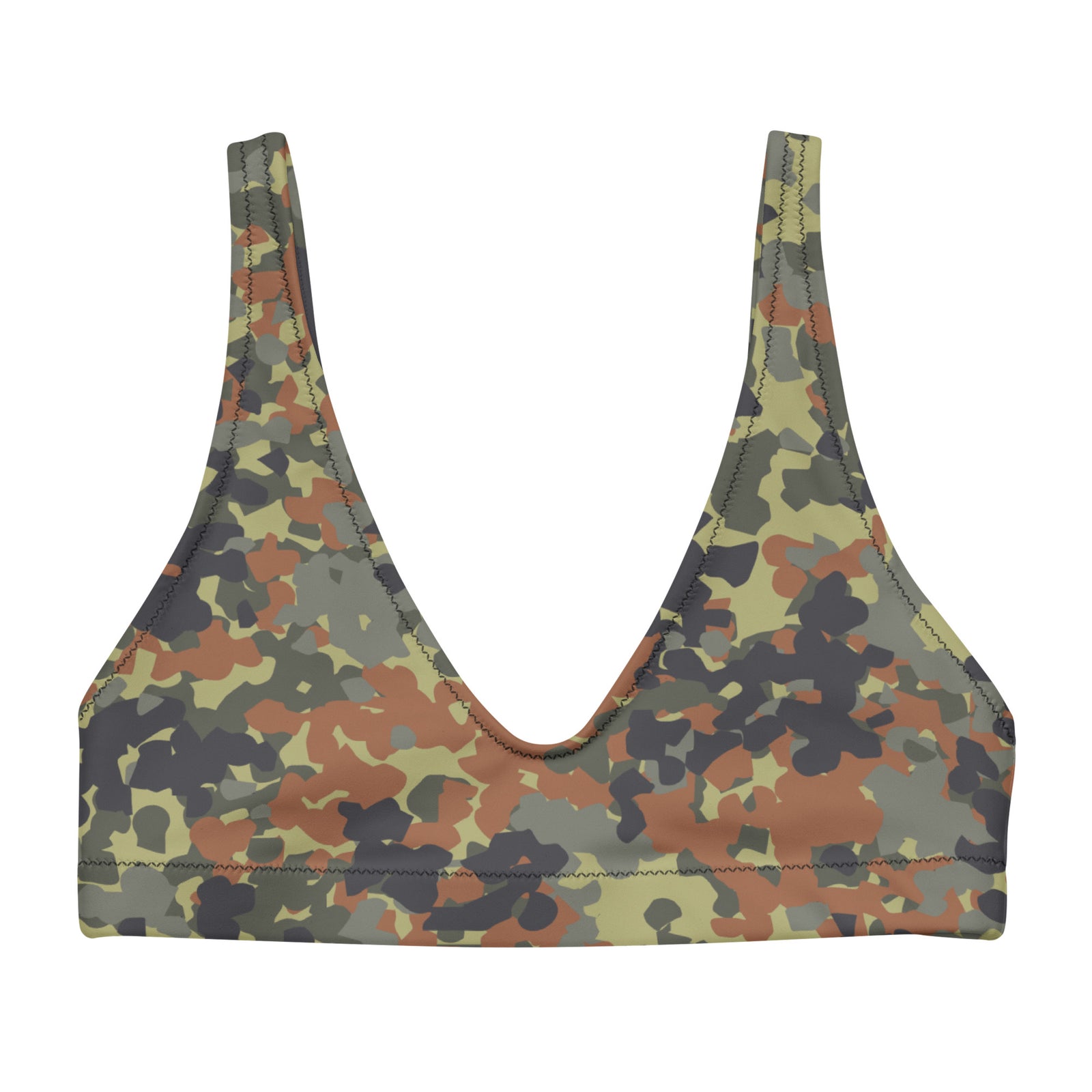 Woman wearing a flectarn camouflage bikini top  on a white background