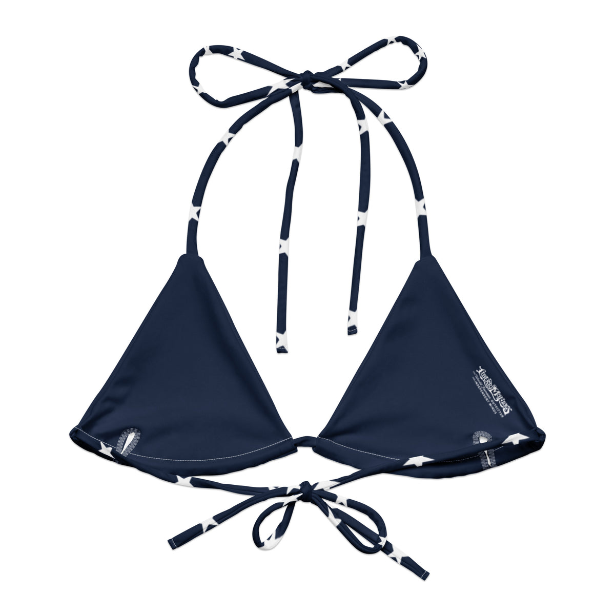 Navy blue bikini top with white pattern on a white background
