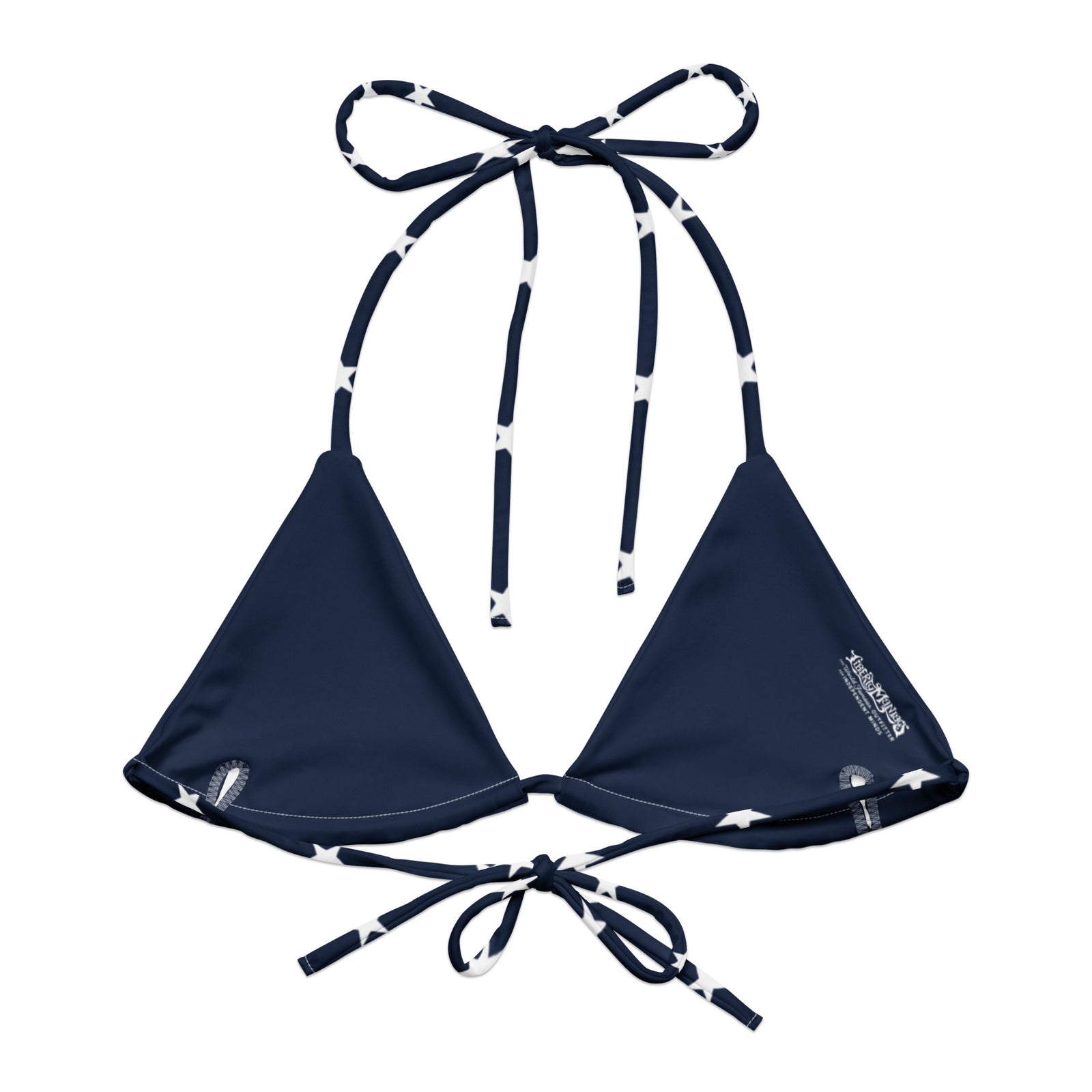 Navy blue bikini top with white pattern on a white background