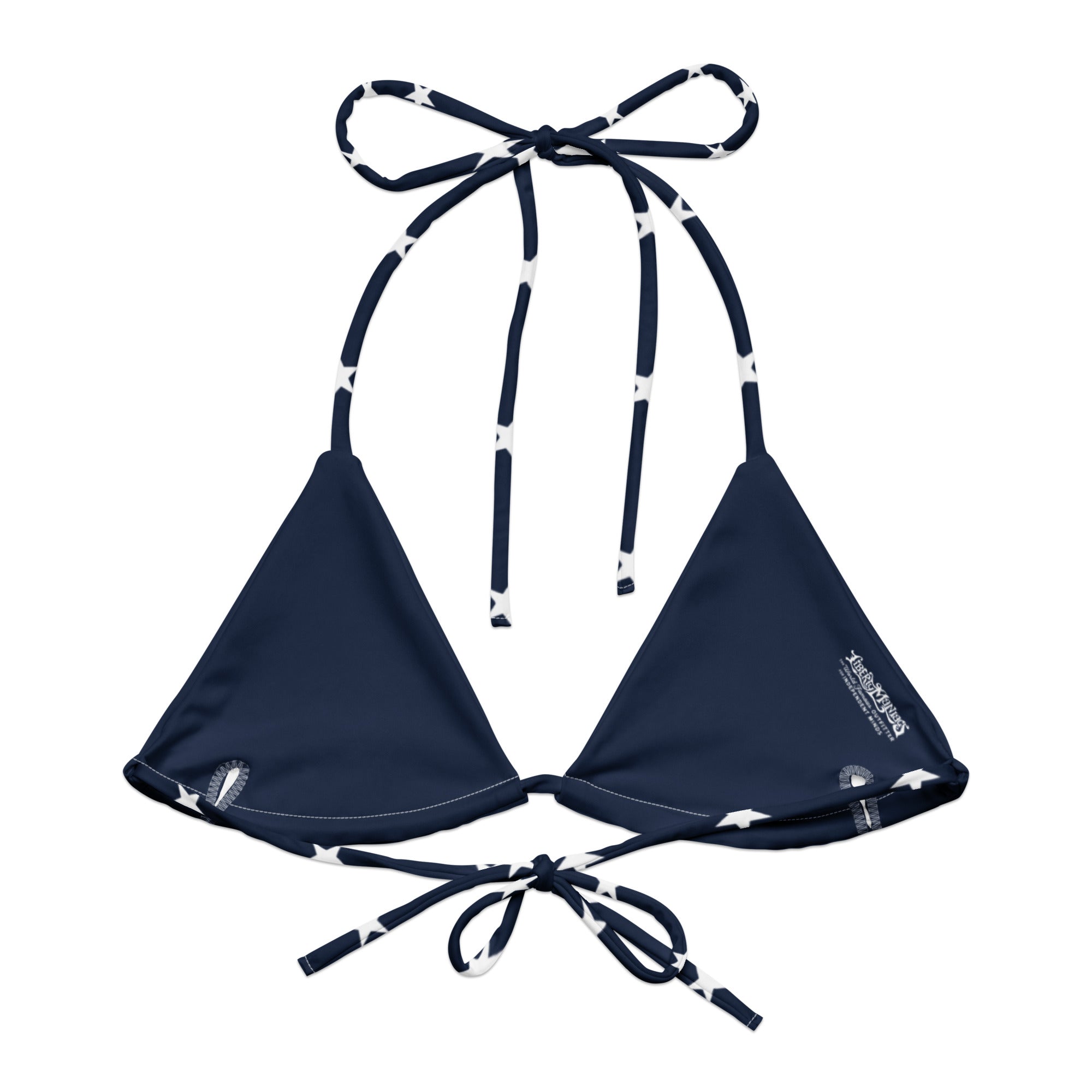 Navy blue bikini top with white pattern on a white background