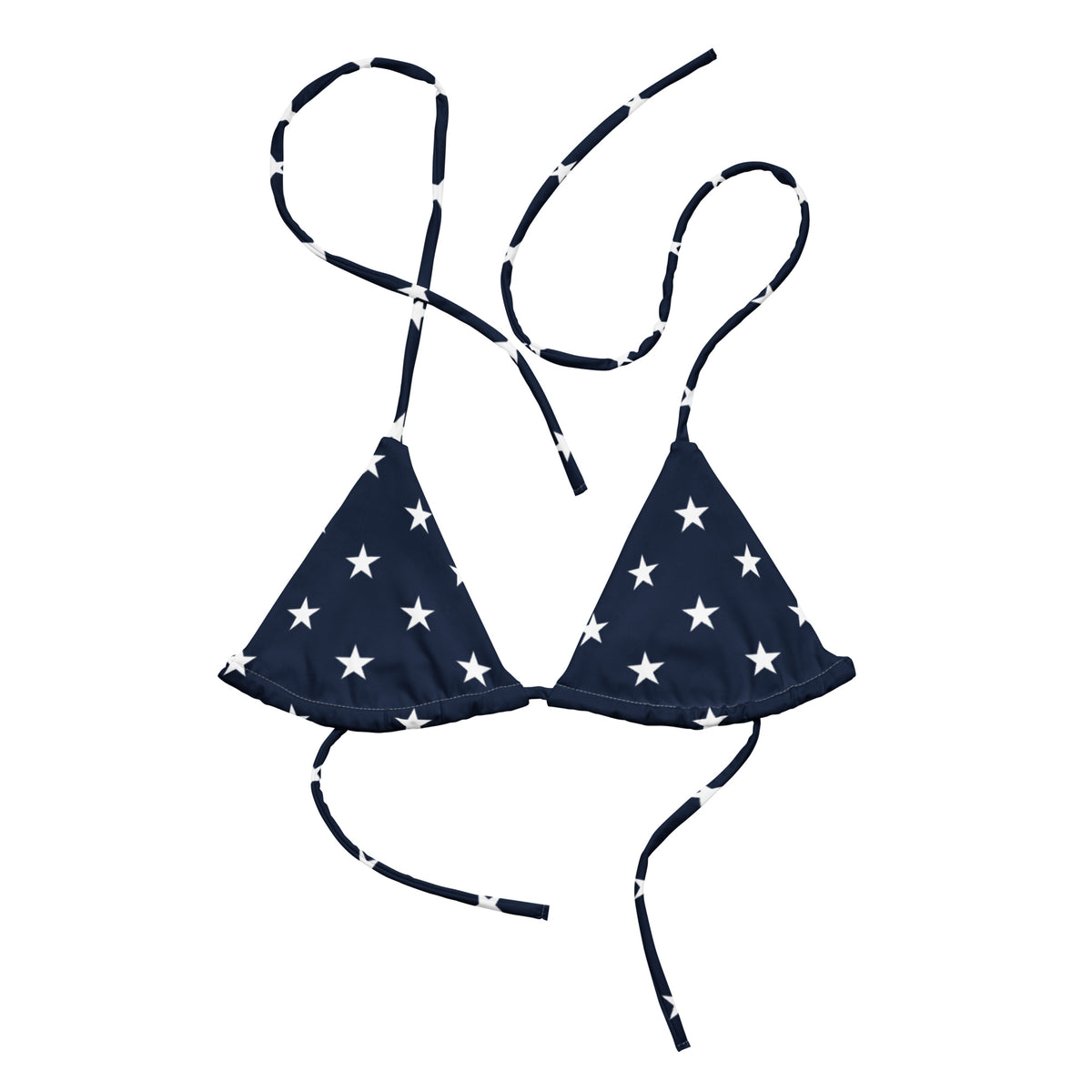 Navy blue bikini set with white star pattern on a white background