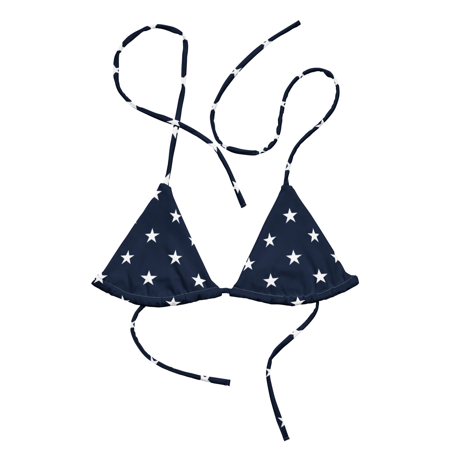 Navy blue bikini set with white star pattern on a white background
