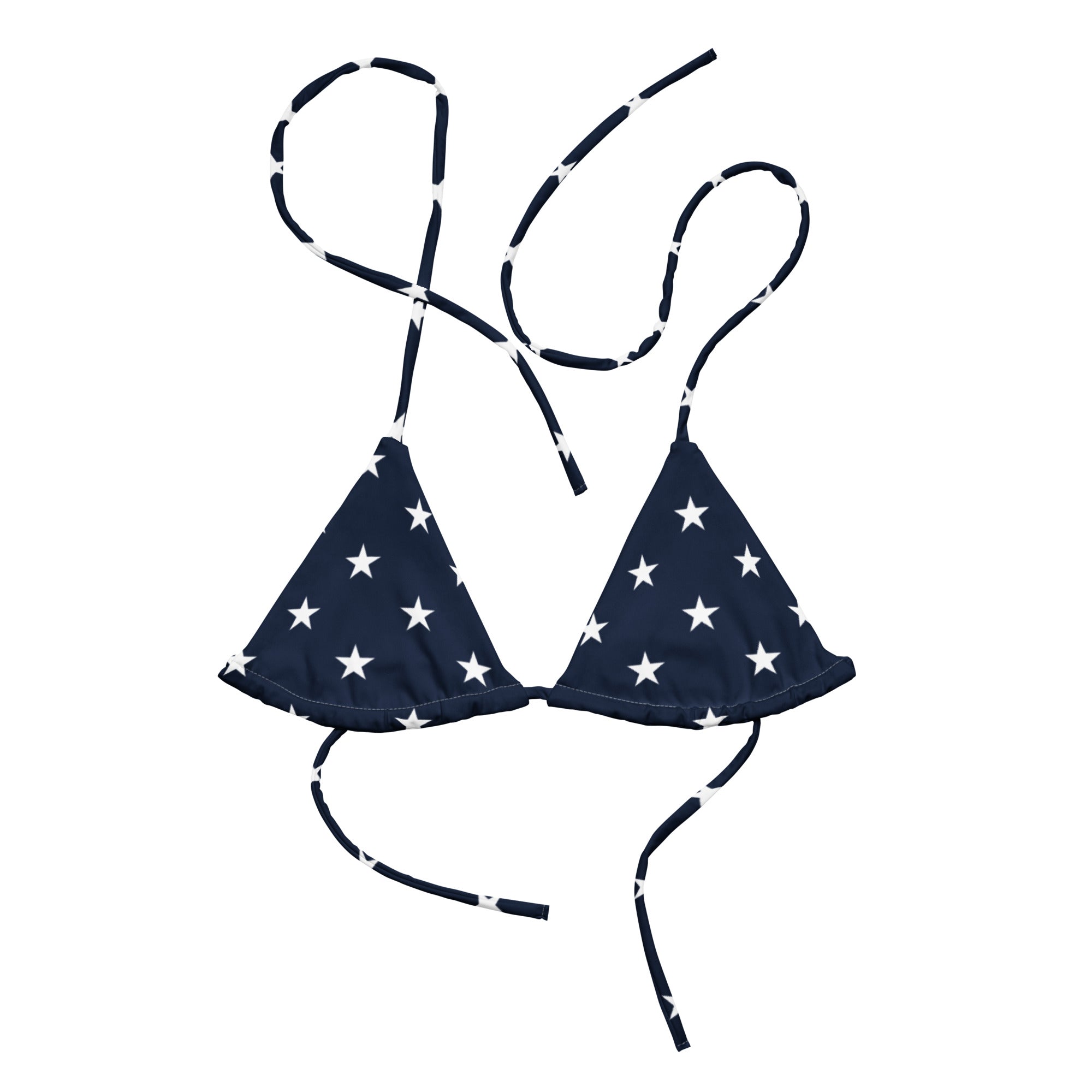 Navy blue bikini set with white star pattern on a white background