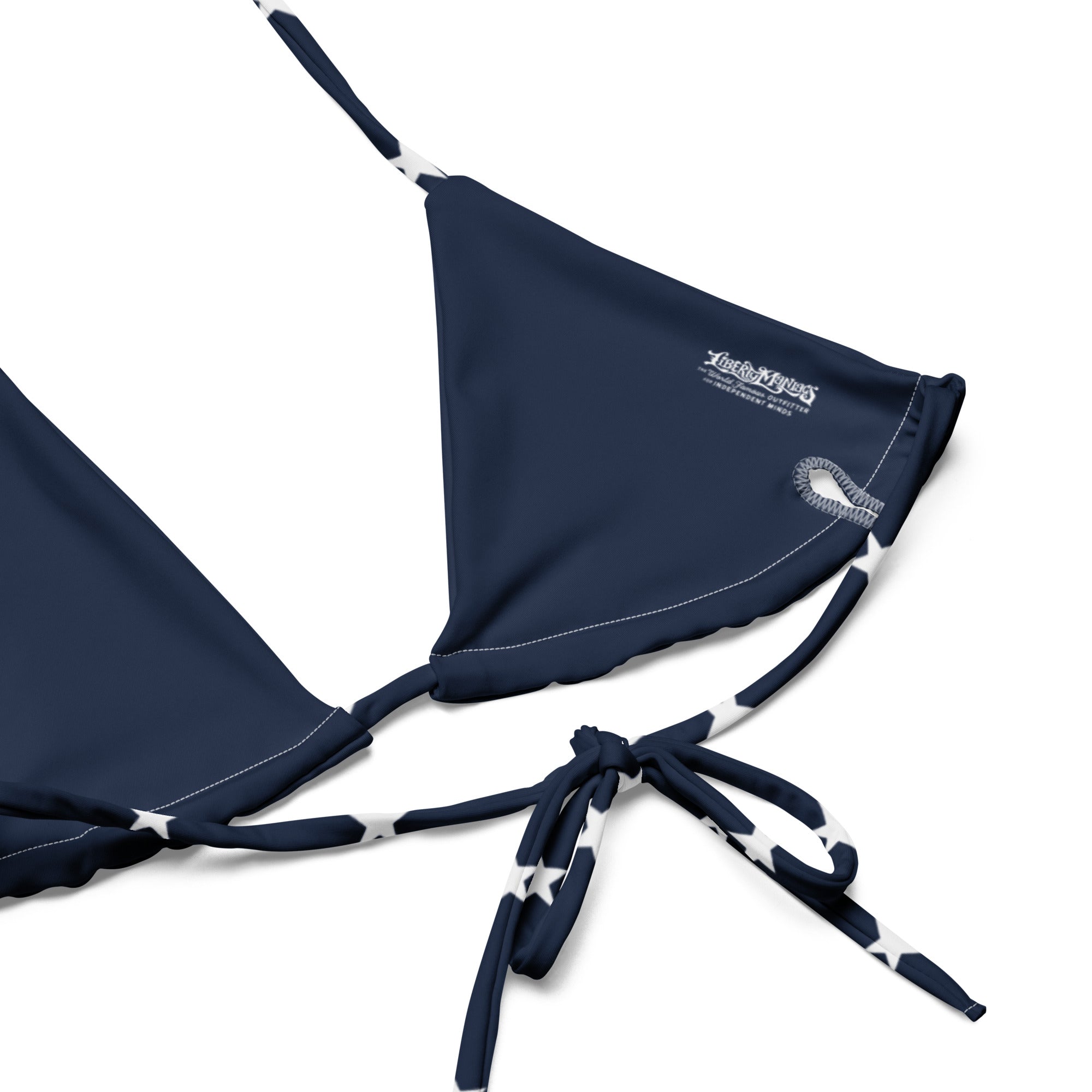Navy blue bikini top with thin straps on a white background