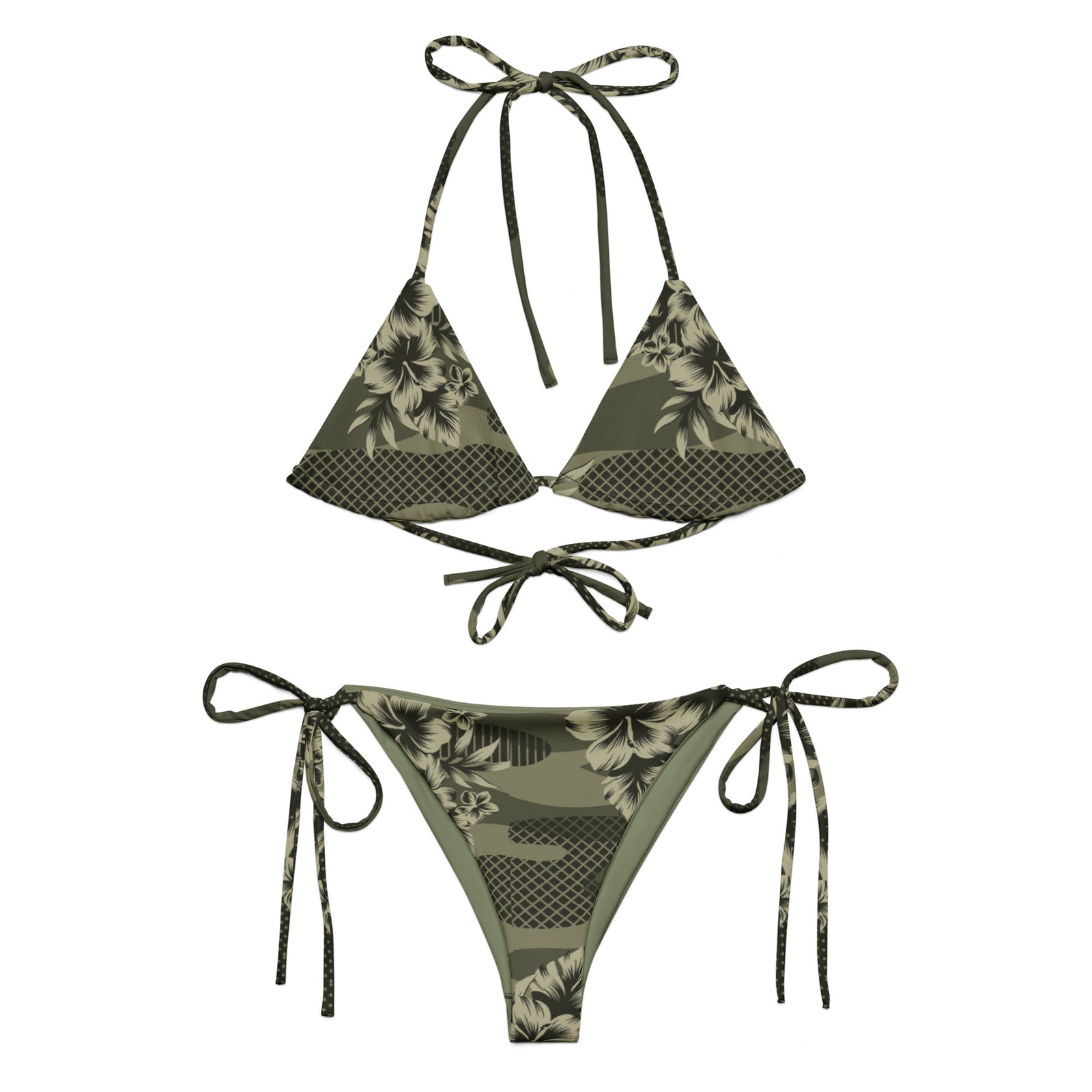 Woman wearing a green bikini with a floral pattern on a gray background