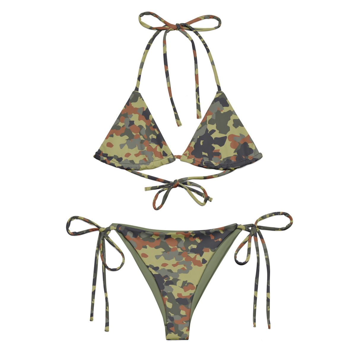 A bikini set with camouflage pattern, including a triangle top and a string bikini bottom, both with tie strings.