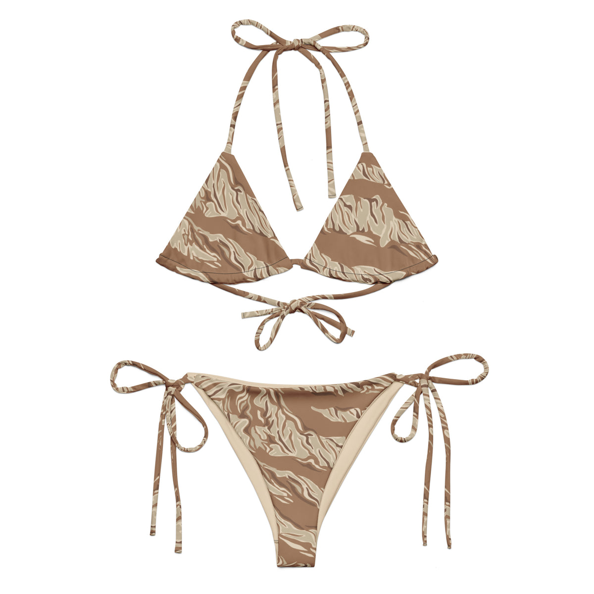 A bikini set with a desert tiger stripe pattern, featuring a top with removable padding and a bottom with tie-up strings.