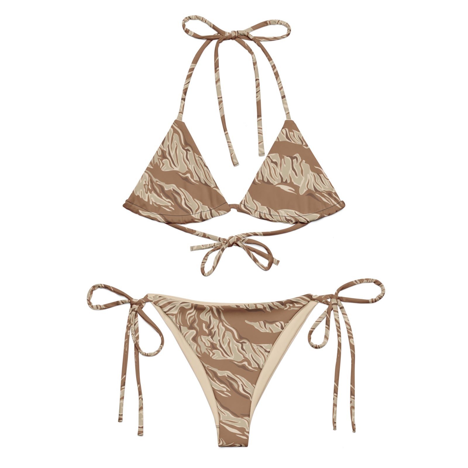 A bikini set with a desert tiger stripe pattern, featuring a top with removable padding and a bottom with tie-up strings.