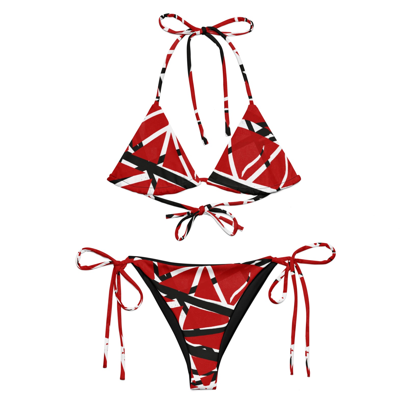 Woman wearing a red and black bikini against a gray background