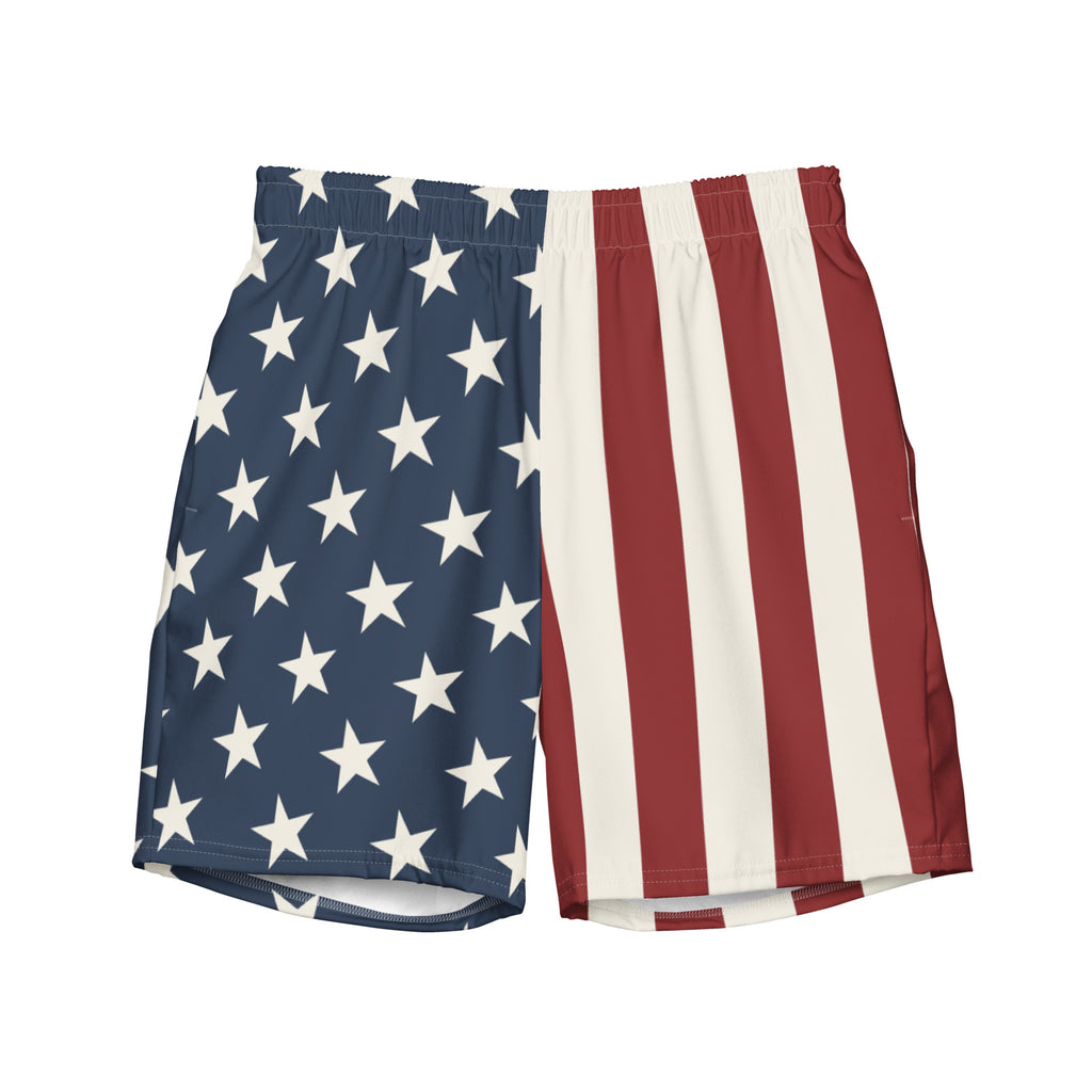 Old Glory American Flag Swim Trunks front view with stars and stripes patriotic pattern