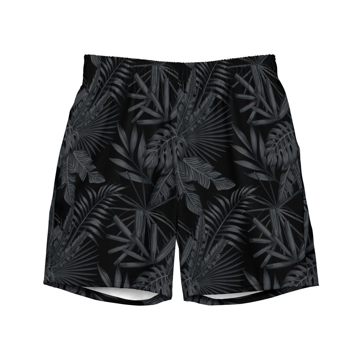 Black shorts with tropical leaf pattern on a white background