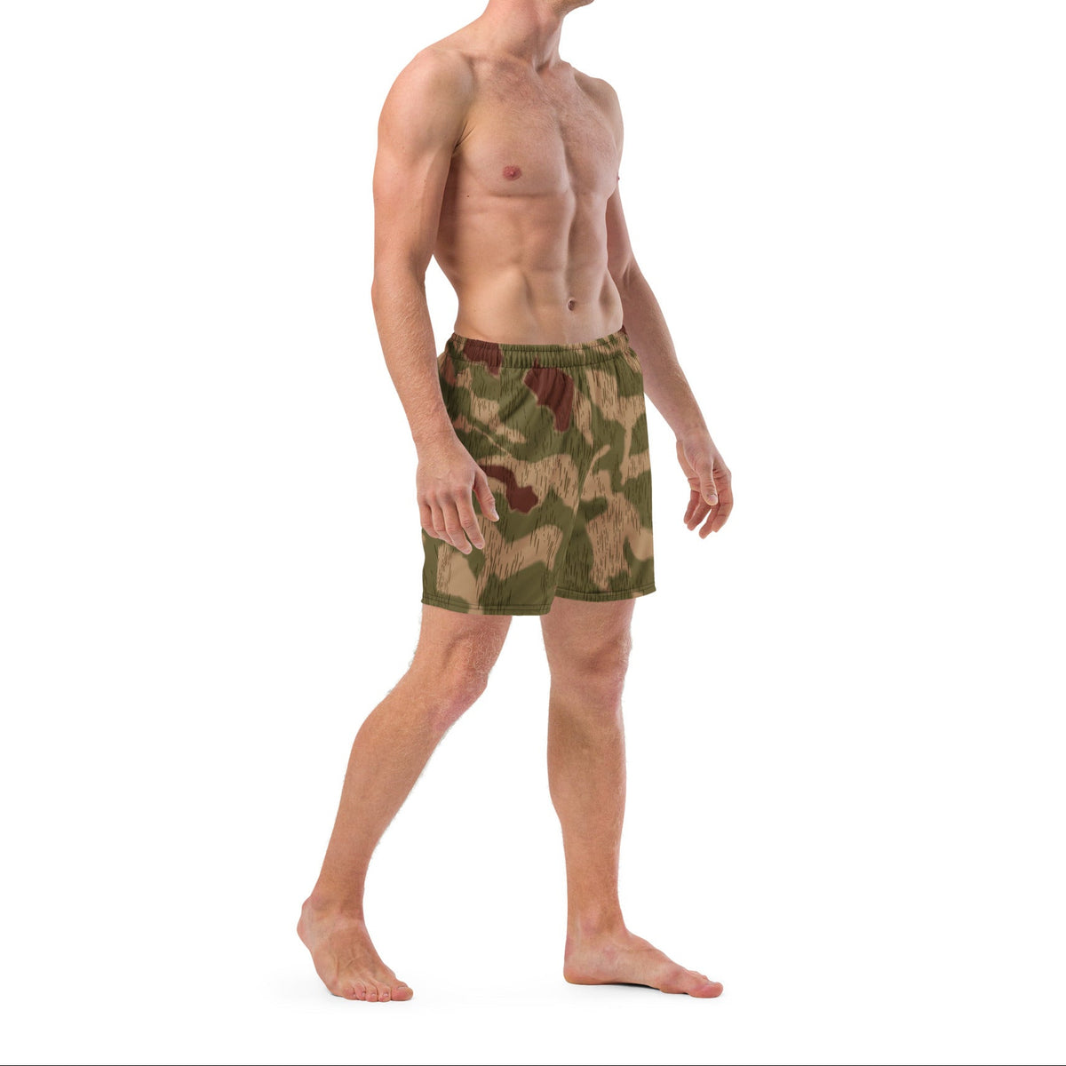 Man wearing camouflage swim shorts on a white background