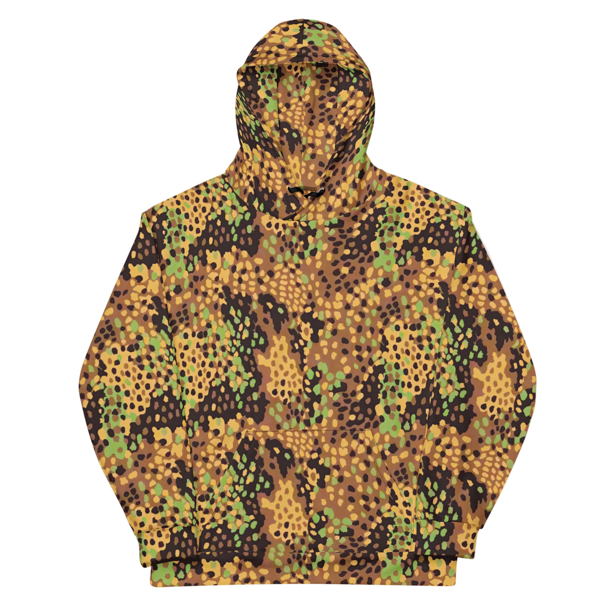 A pullover hoodie with a Erbsenmuster camouflage pattern featuring irregular areas of black printed over brown and green on a pale background.
