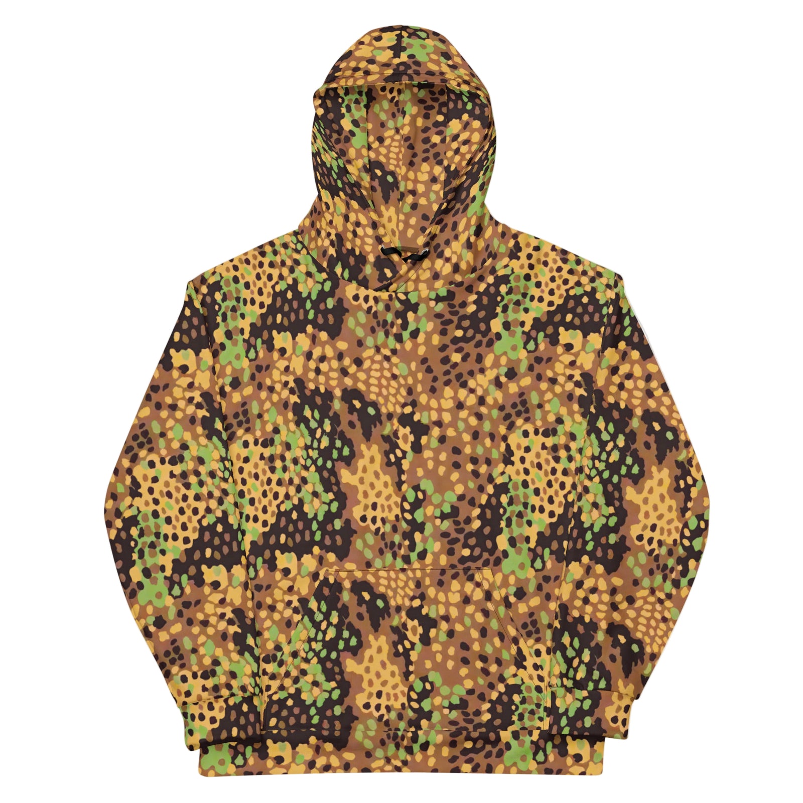Man wearing a Erbsenmuster camouflage-patterned hoodie from Liberty Maniacs on a gray background
