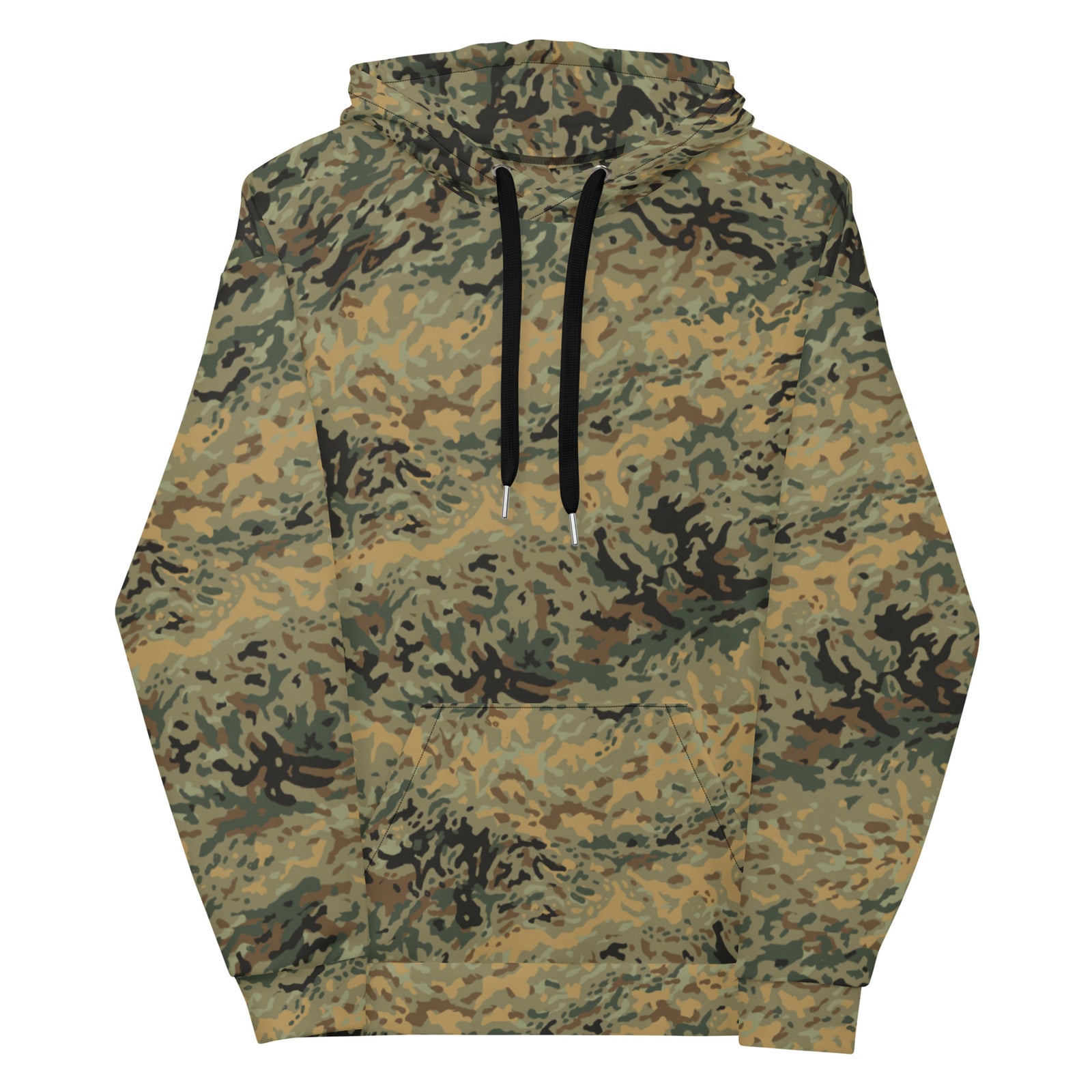 A hoodie with a camouflage pattern in various shades of green, designed for military-style games.