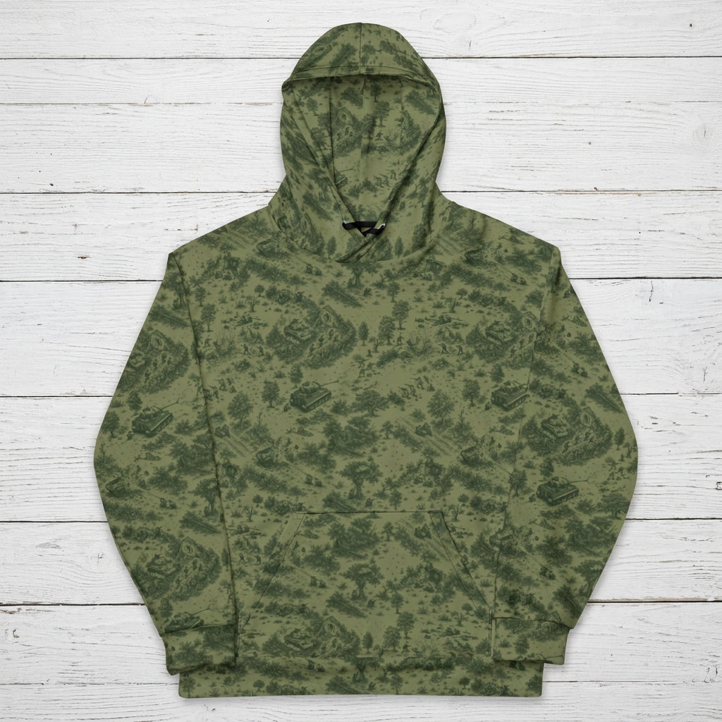 Front view of the Normandy ’44 Toile Pullover Drab Hoodie with intricate olive green and white military scenes.
