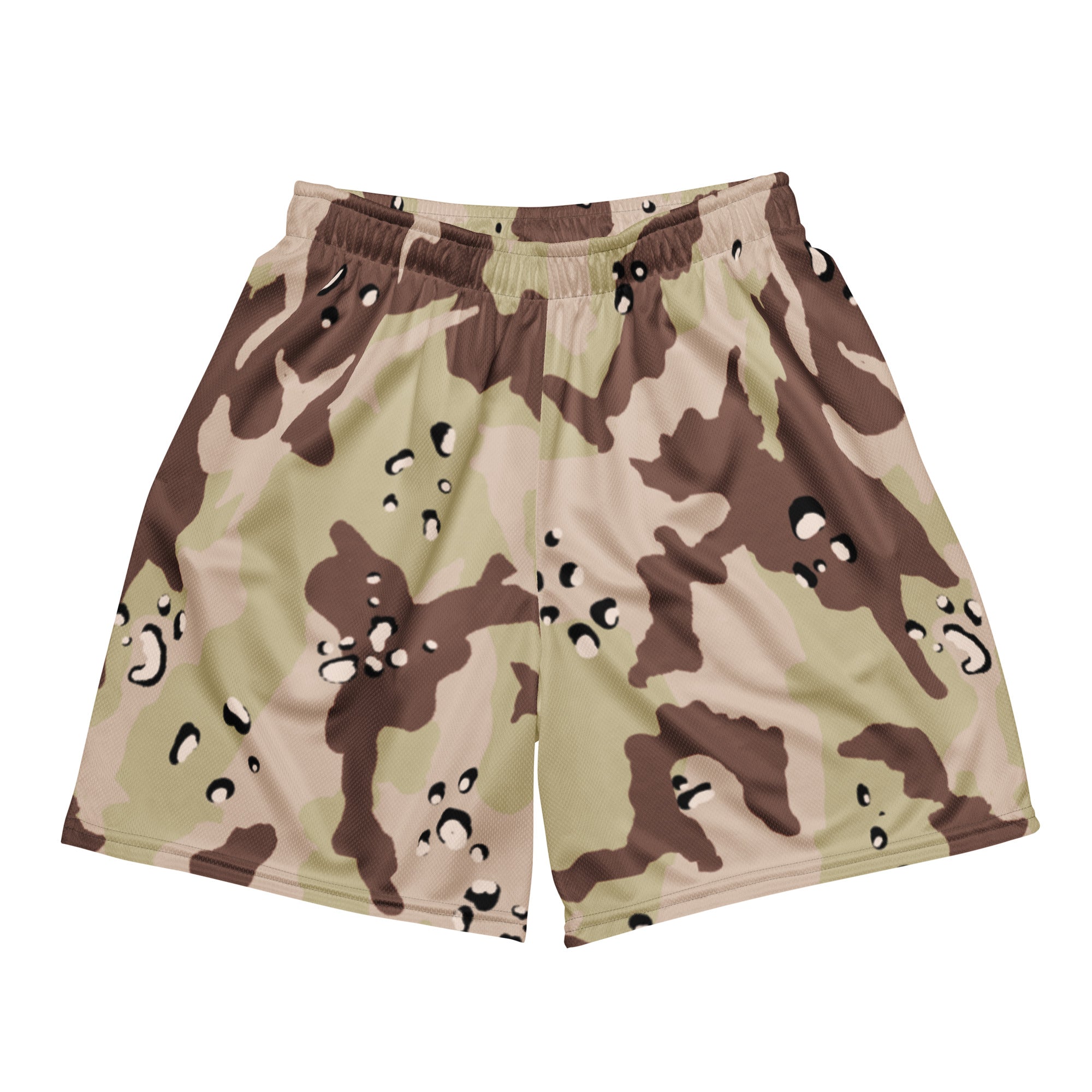 Camouflage shorts worn by a person on a white background