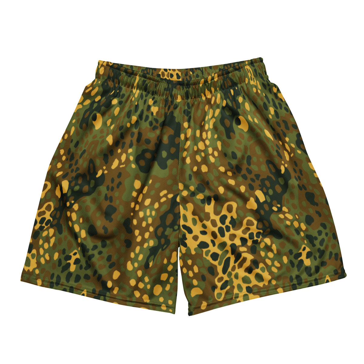 Green and yellow camouflage shorts on a white background