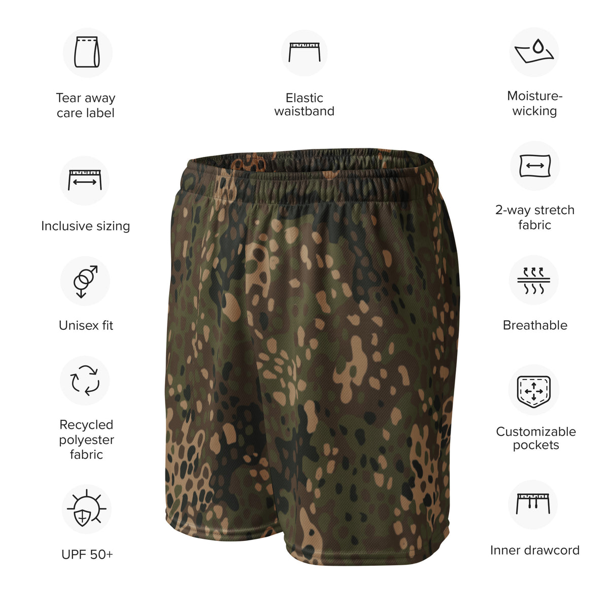 Erbsenmuster camo mesh shorts with recycled fabric, stretch, pockets, and UPF 50+